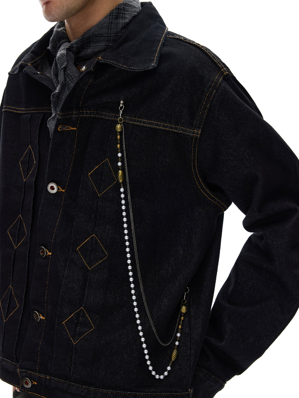 MADWITCH Retro Ruffian Handsome Bright Line Design Sense Chain Denim Jacket