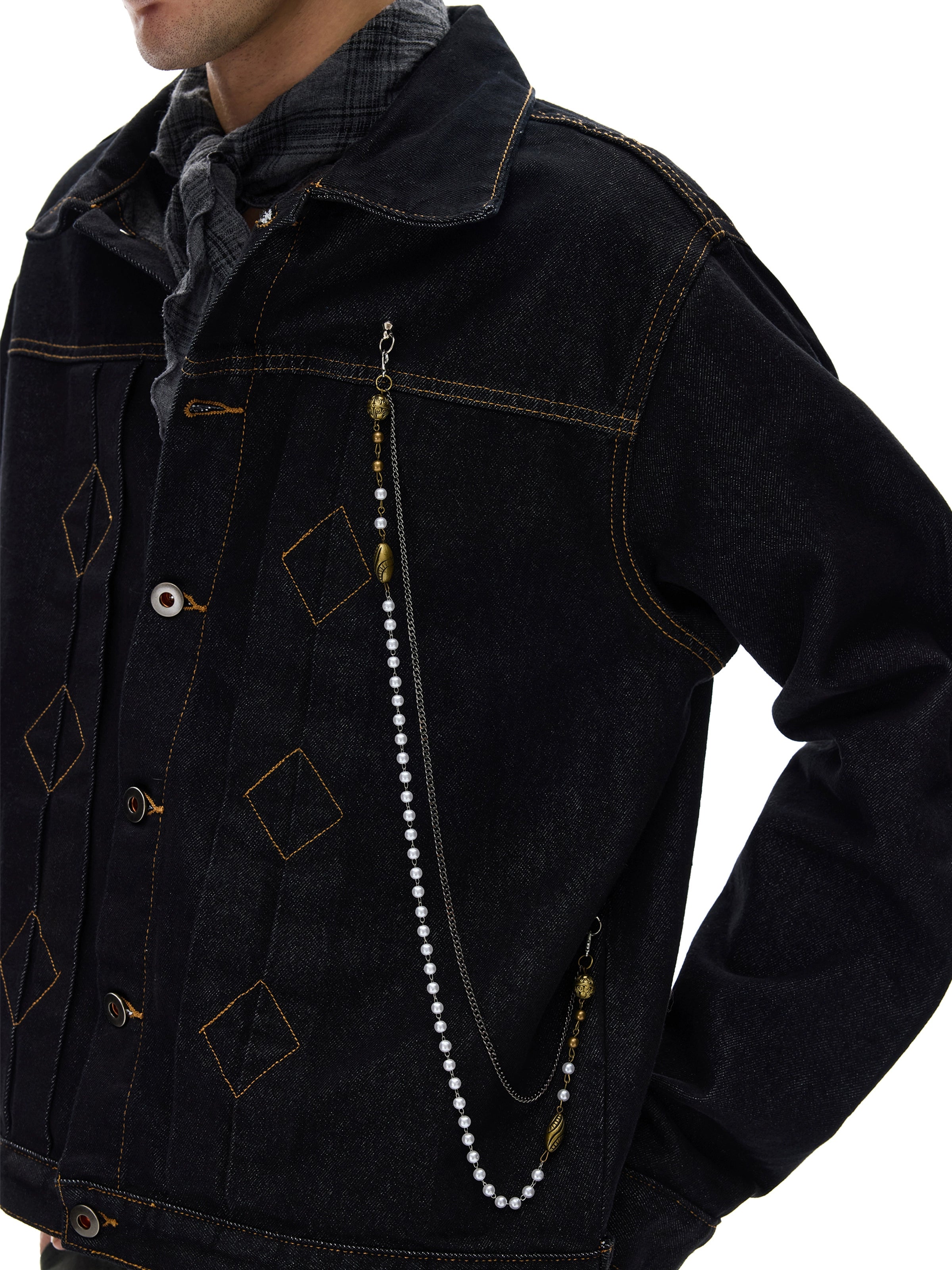 MADWITCH Retro Ruffian Handsome Bright Line Design Sense Chain Denim Jacket