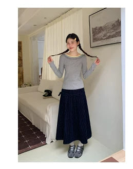 Kano Tie-up Pleated Polka Dot Corduroy Skirt