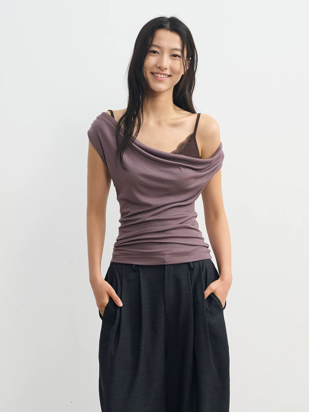 LINY LIBERTY Micro Swing Collar Fake Two-piece Lace Sling Vest
