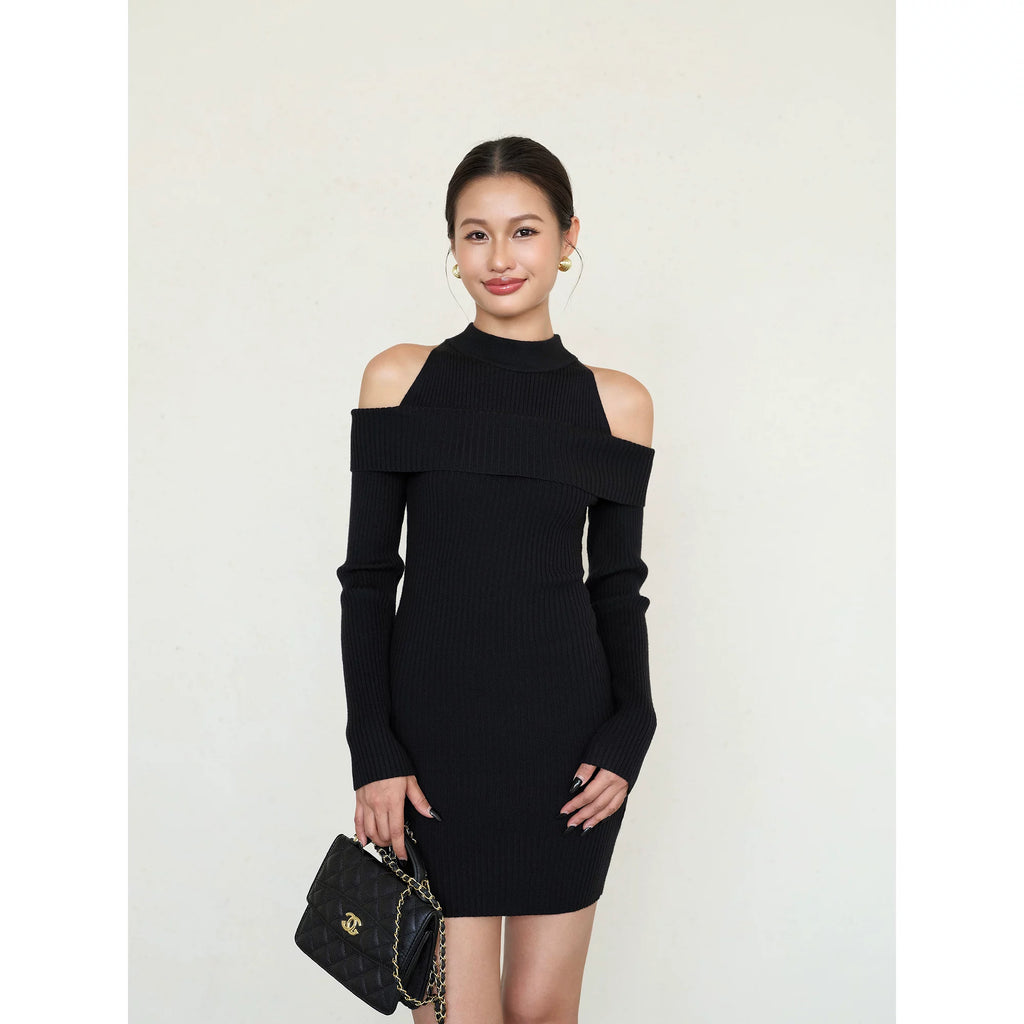 Ousph Semi-turtleneck Off-the-shoulder Long-sleeved Knitted Dress