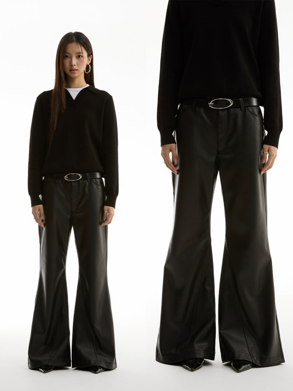 FUNKYFUN Mid-low Waist Design Micro-flared Leather Pants