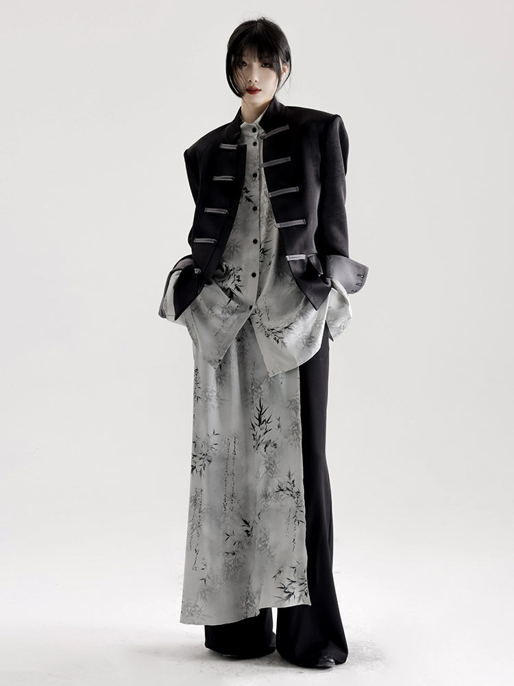 APOZi National Style Ink Printing Straight Wide-leg Pants