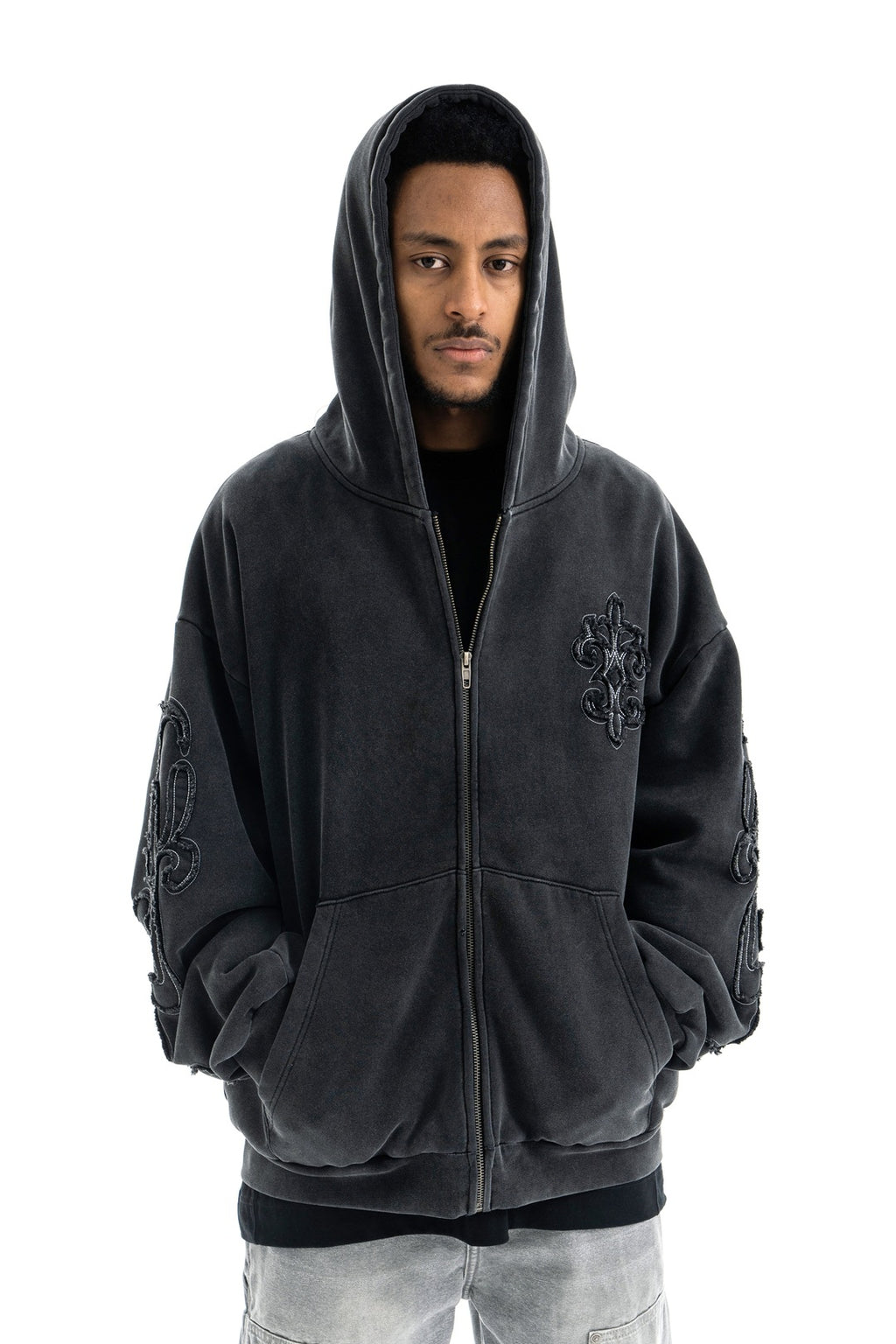 SUPER WAY Vintage Embroidered Cardigan Fleece Hooded Sweater
