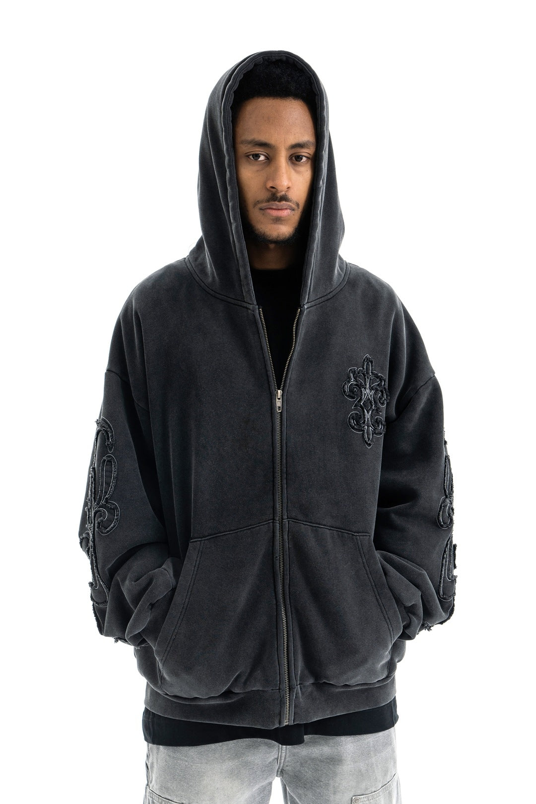 SUPER WAY Vintage Embroidered Cardigan Fleece Hooded Sweater
