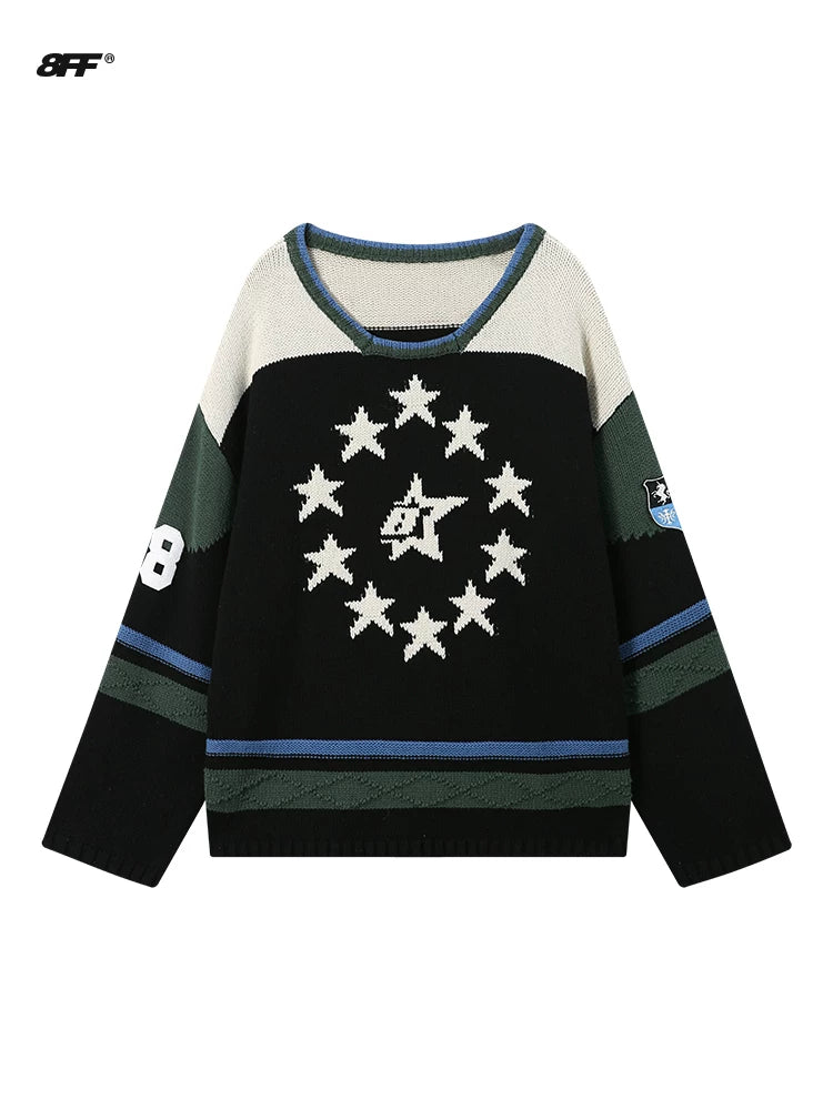 8FF Vintage Contrast Badge Star Embroidered Knitted Sweater