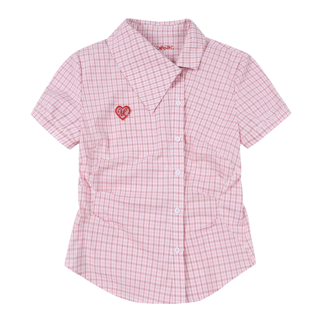 MEDM Plaid Diagonal Shirt with Waist and Thin Short Sleeves