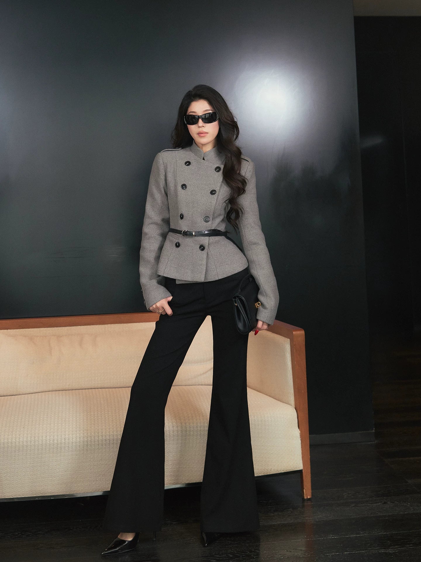 LLROGE Versatile Slim-fitting Gray Stand-up Collar Cropped Woolen Jacket