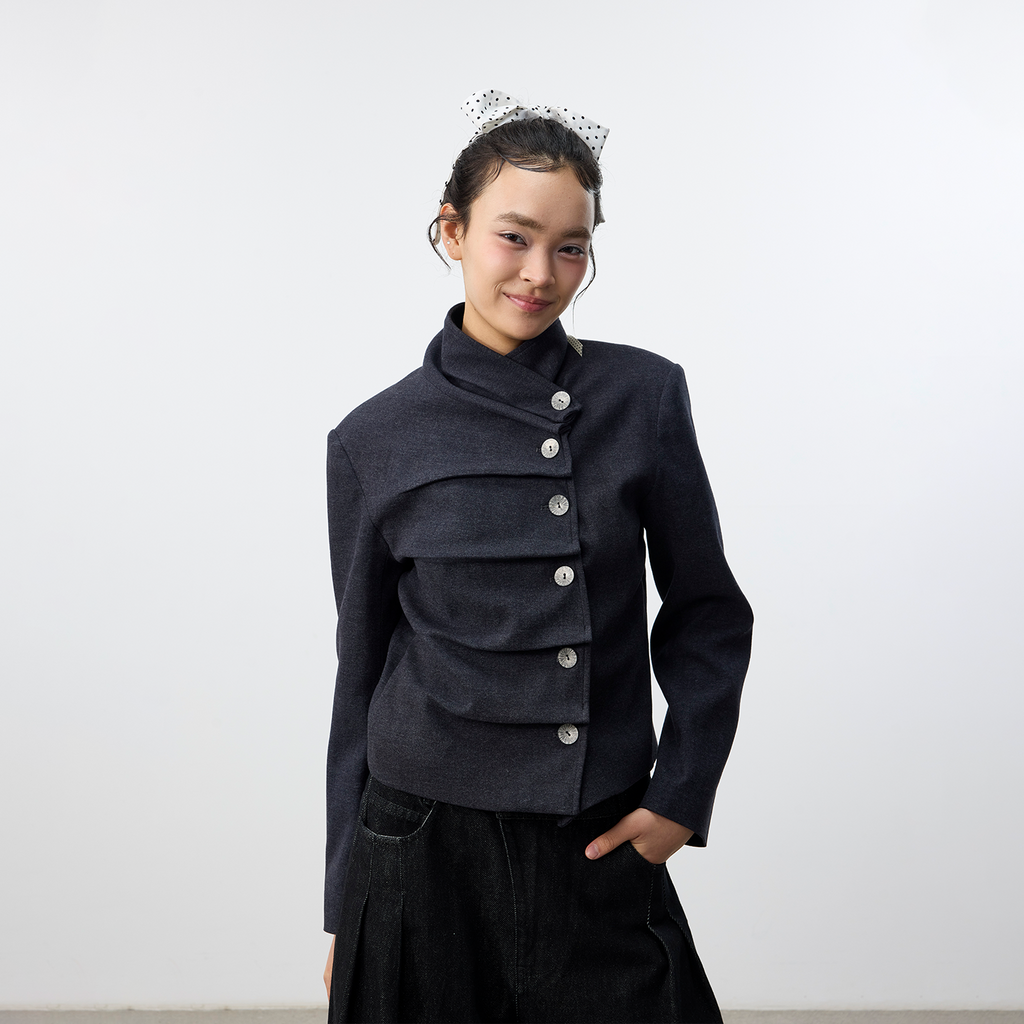 Set for Life Three-dimensional Pinch Pleated Oblique Placket Slim Short Jacket