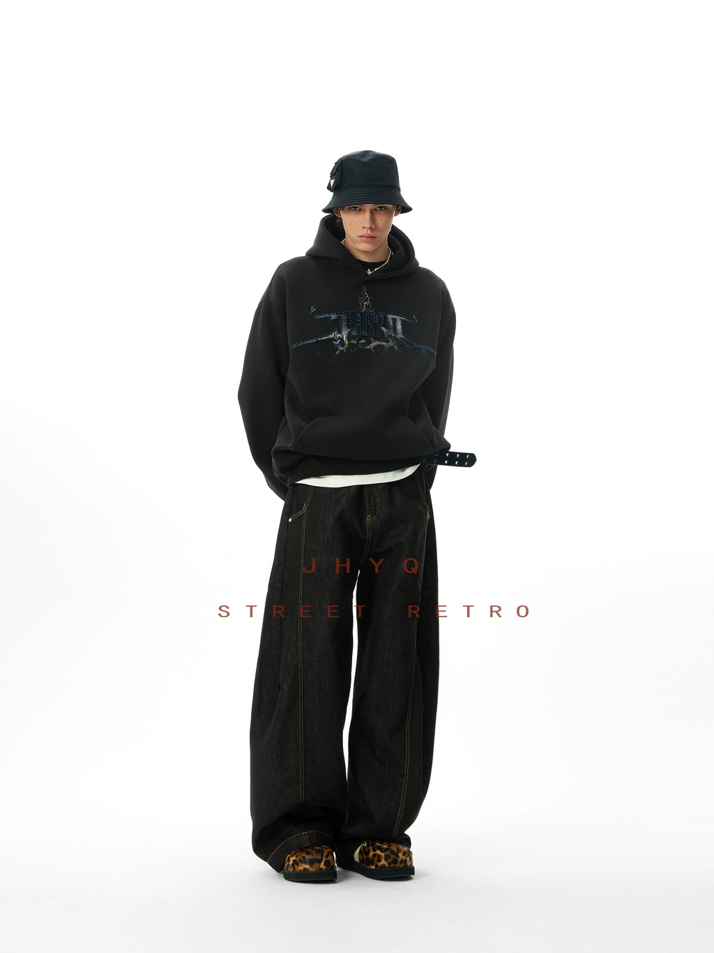 JHYQ Retro Letter Print Beaded Hooded Sweater