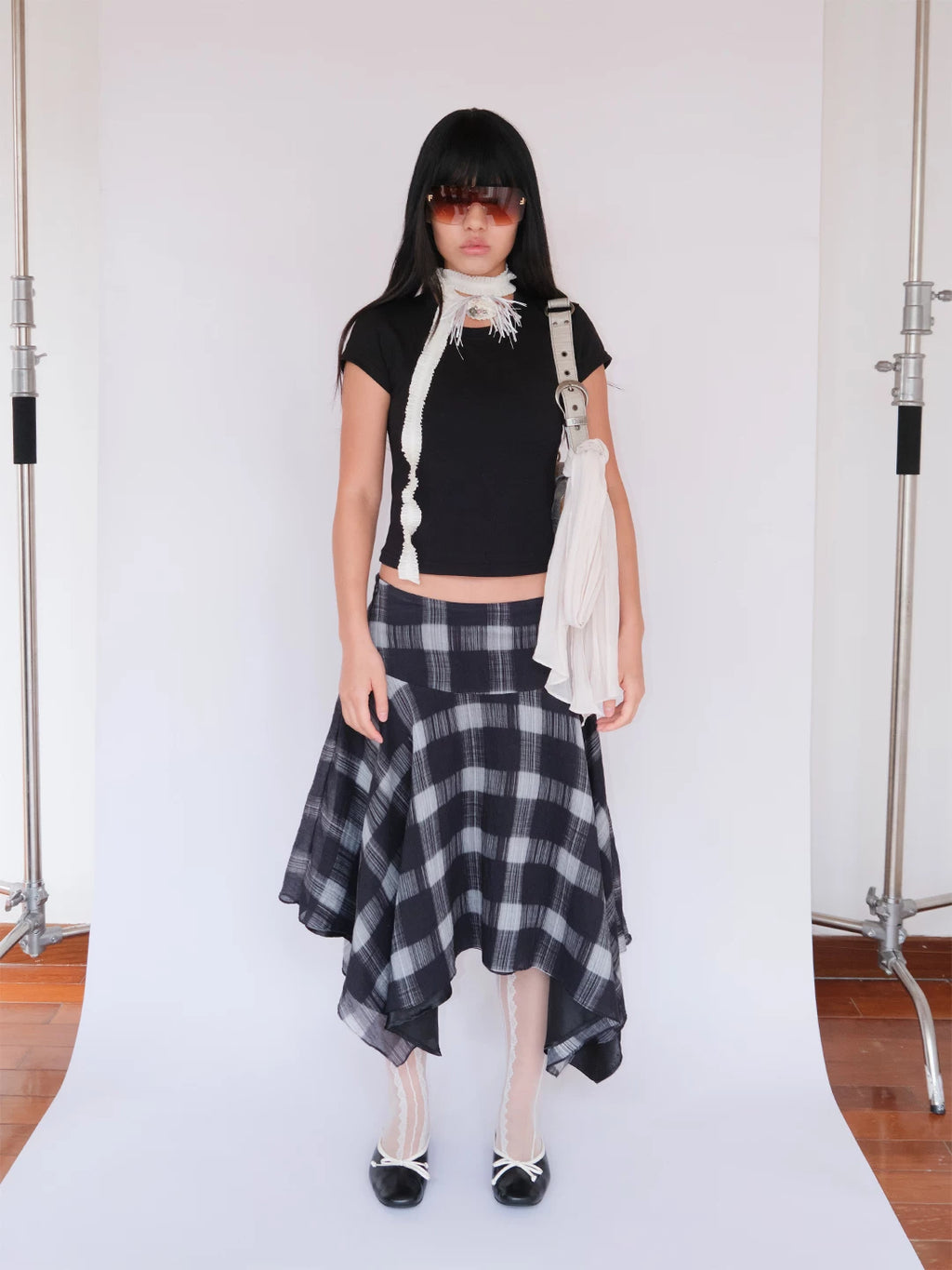 FUNKYFUN Plaid Irregular Hem Mid-length Skirt