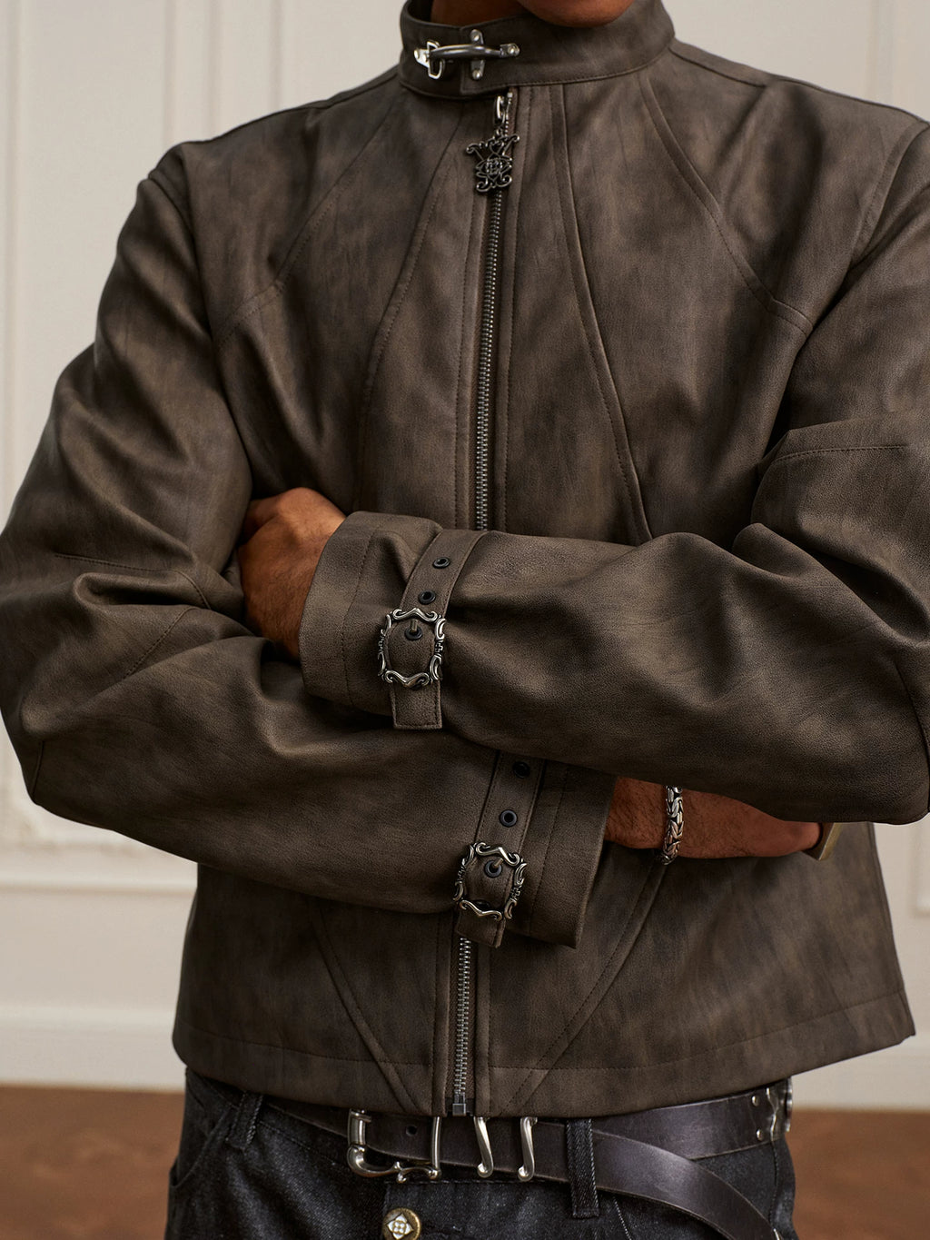 YADcrew Washed Mottled Aircraft Buckle Scimitar Locomotive Leather Jacket