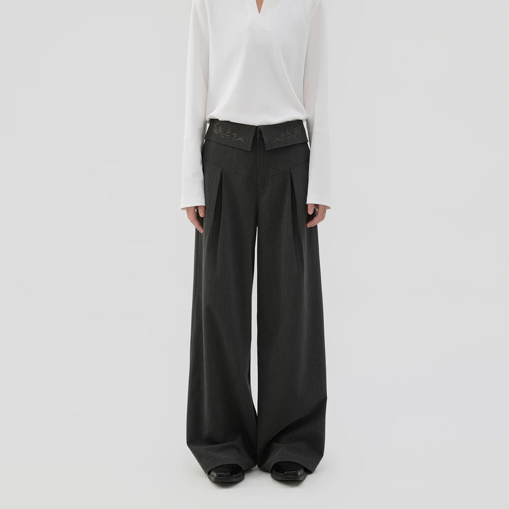 Sameuoo Waist Fold-down Embroidered Loose Straight Trousers
