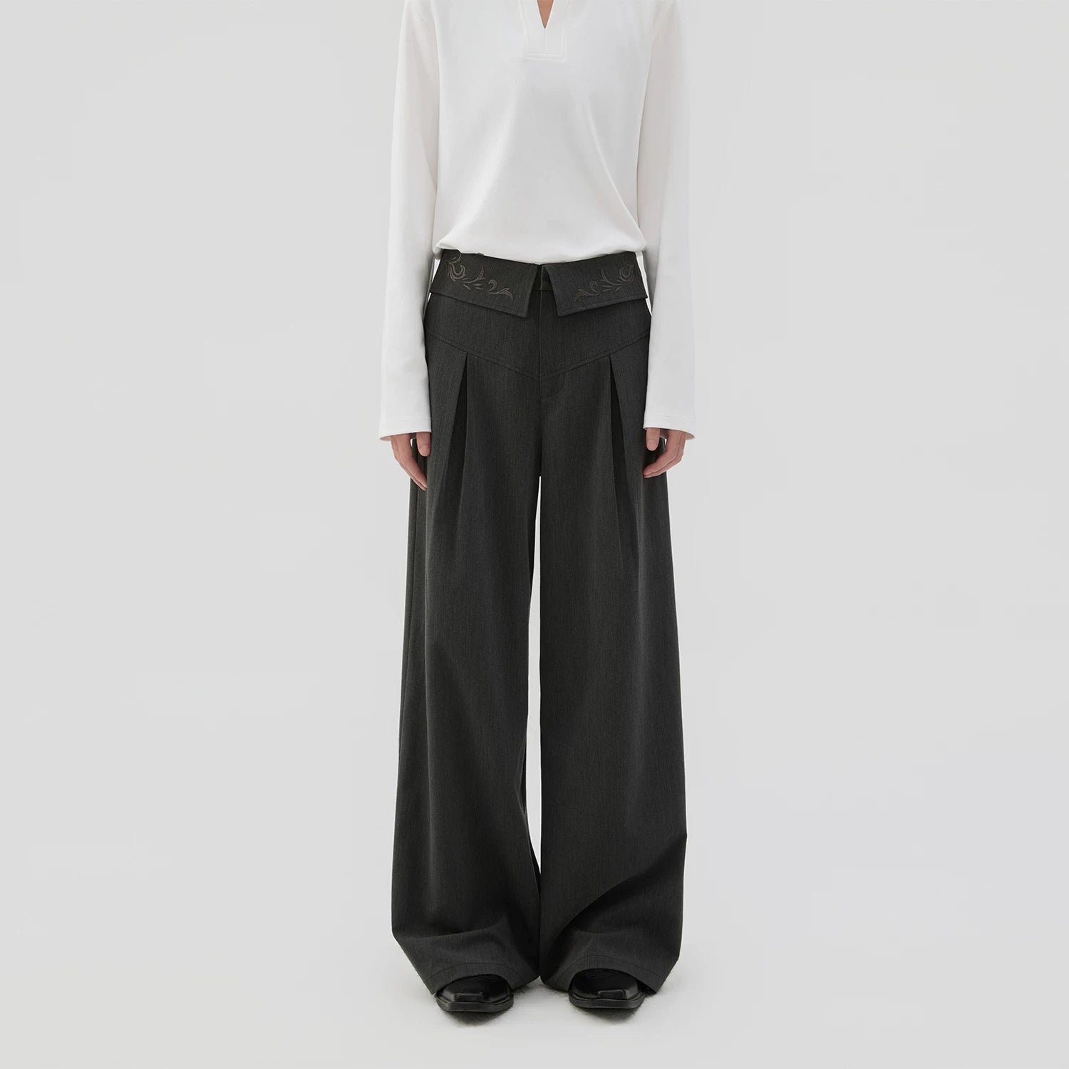 Sameuoo Waist Fold-down Embroidered Loose Straight Trousers