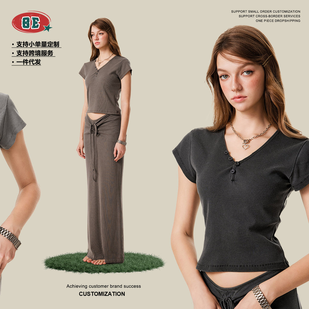 BE Women's slim fit top button v-neck tee