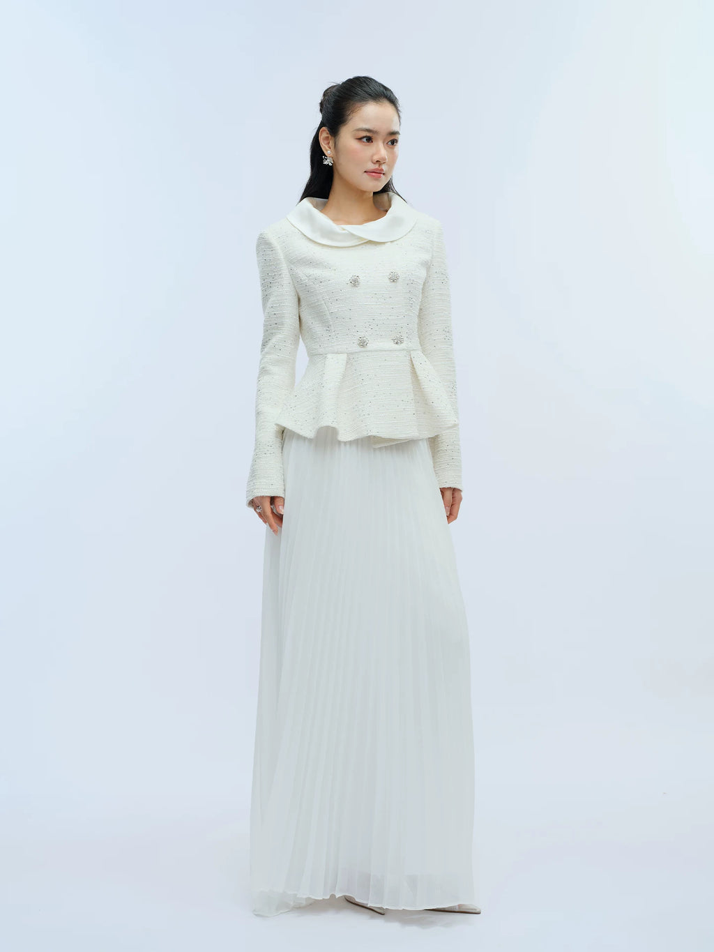 J TheChosen Waist Satin Stand-up Collar Pleated Skirt Set