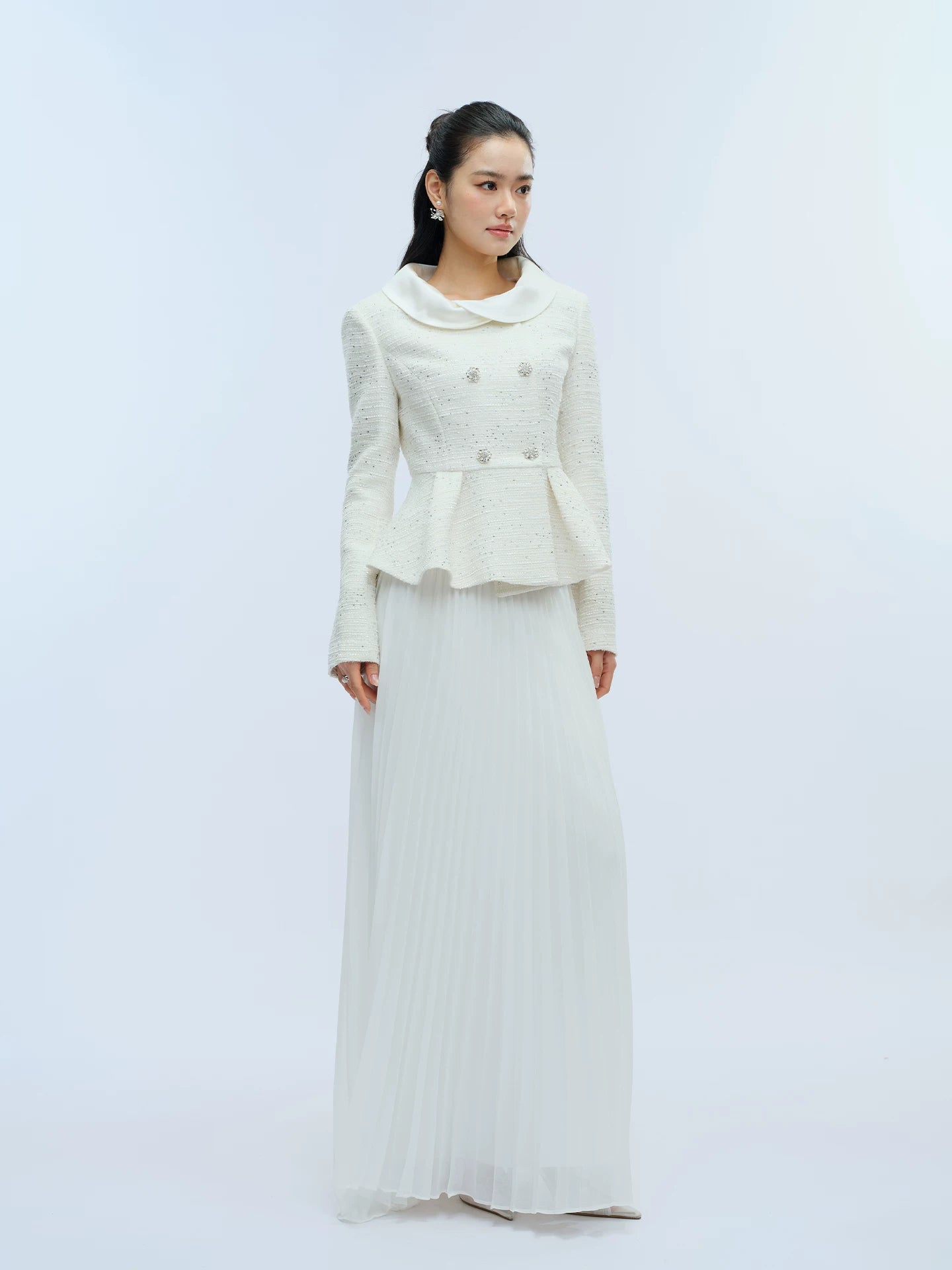 J TheChosen Waist Satin Stand-up Collar Pleated Skirt Set