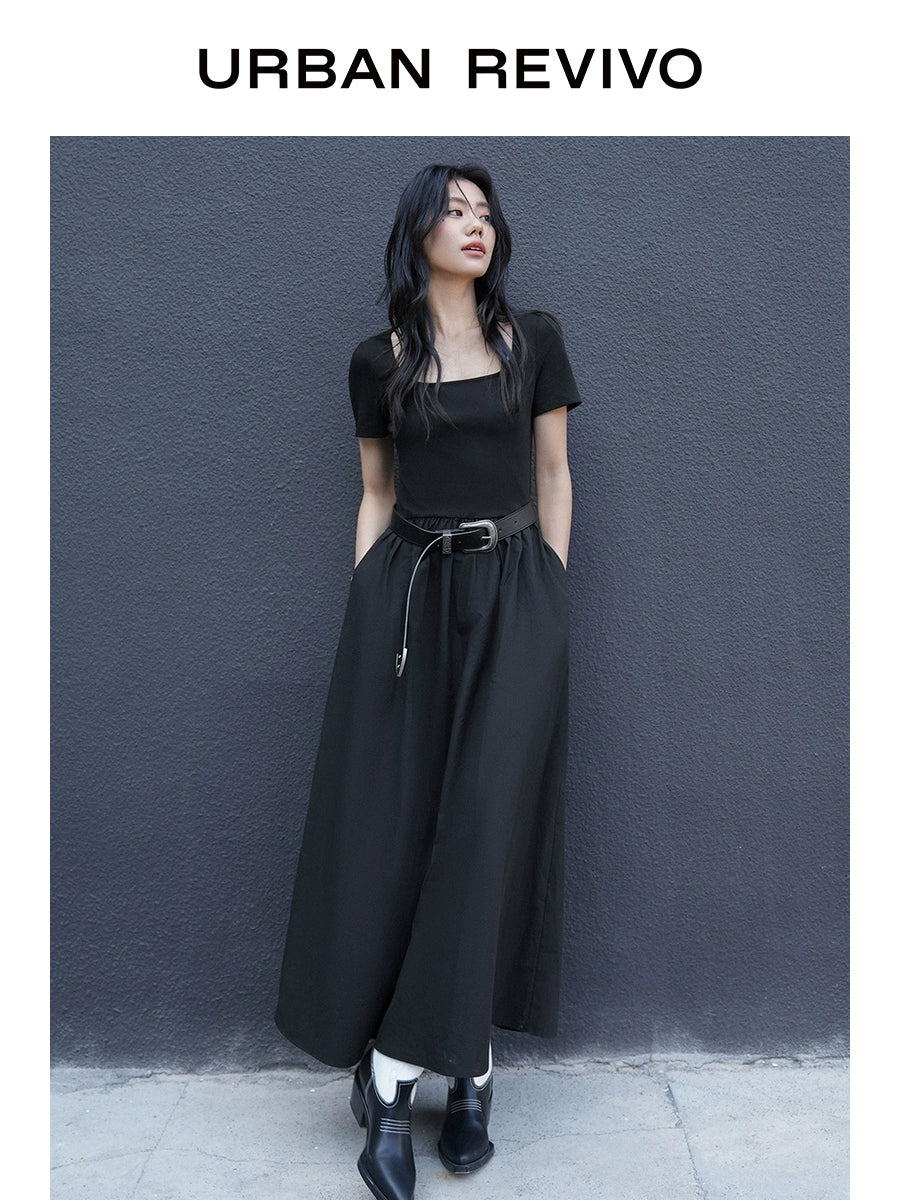 URBAN REVIVO Simple Stitching Slim-fitting Short-sleeved Dress