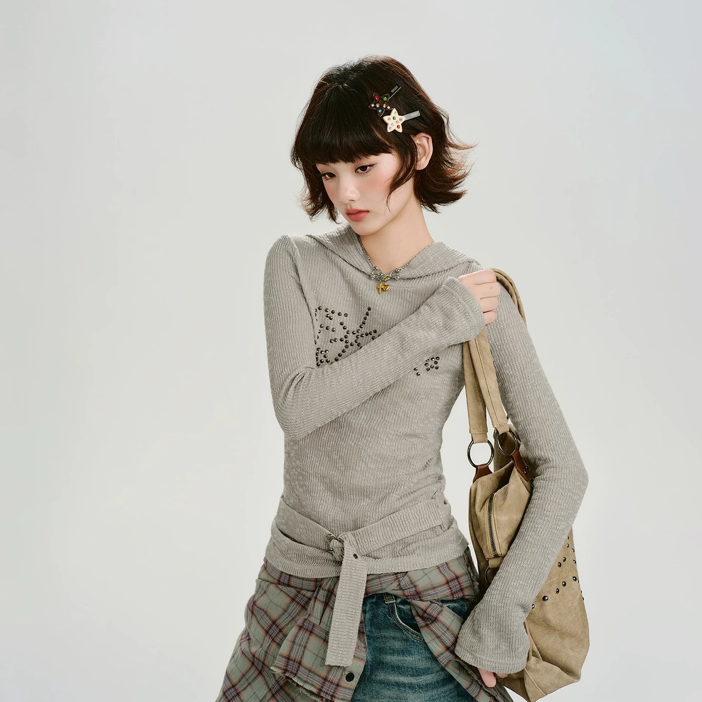 Girlyhalo Vintage Hot Diamond Strap-Up Hooded Knitted Long Sleeve