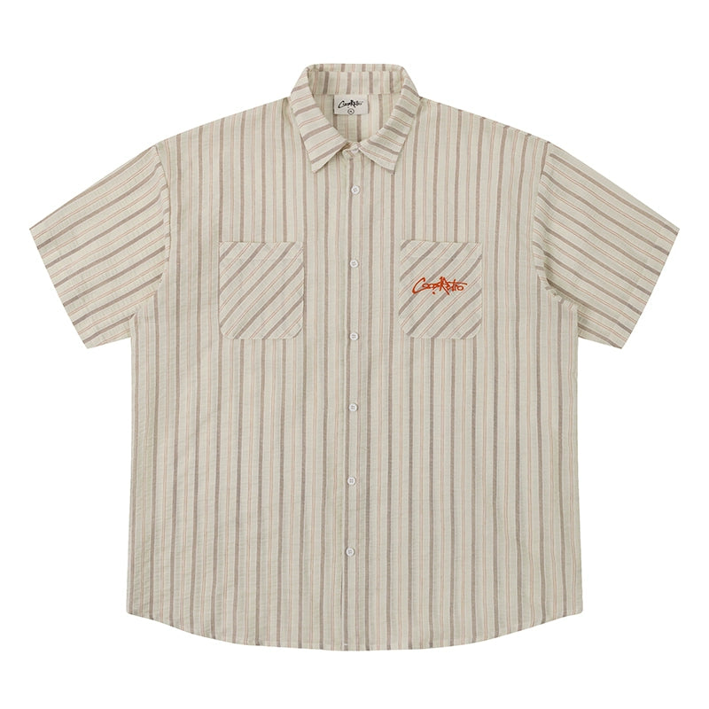 CoosRetro Vintage Contrast Striped Double Pocket Embroidered Shirt