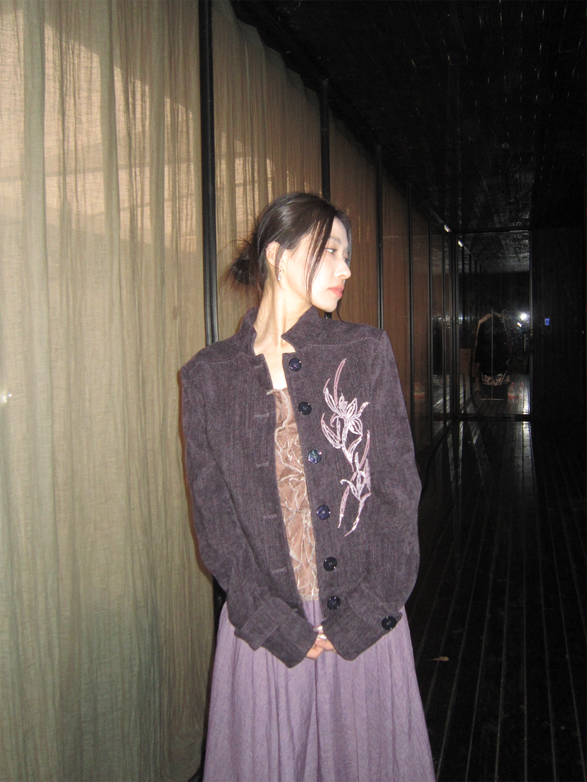 LOUMUTAKU Orchid Beaded Straight Casual Short Jacket