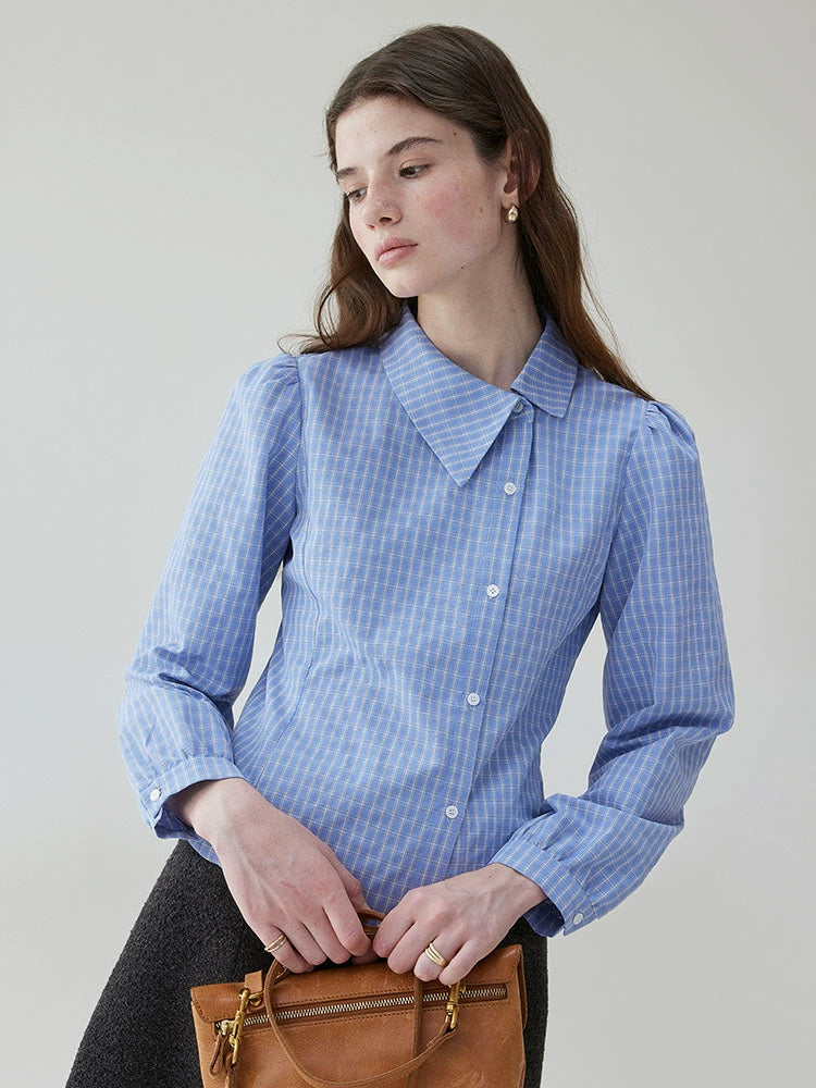 VOOE Irregular Flip-neck Contrasting Plaid Shirt