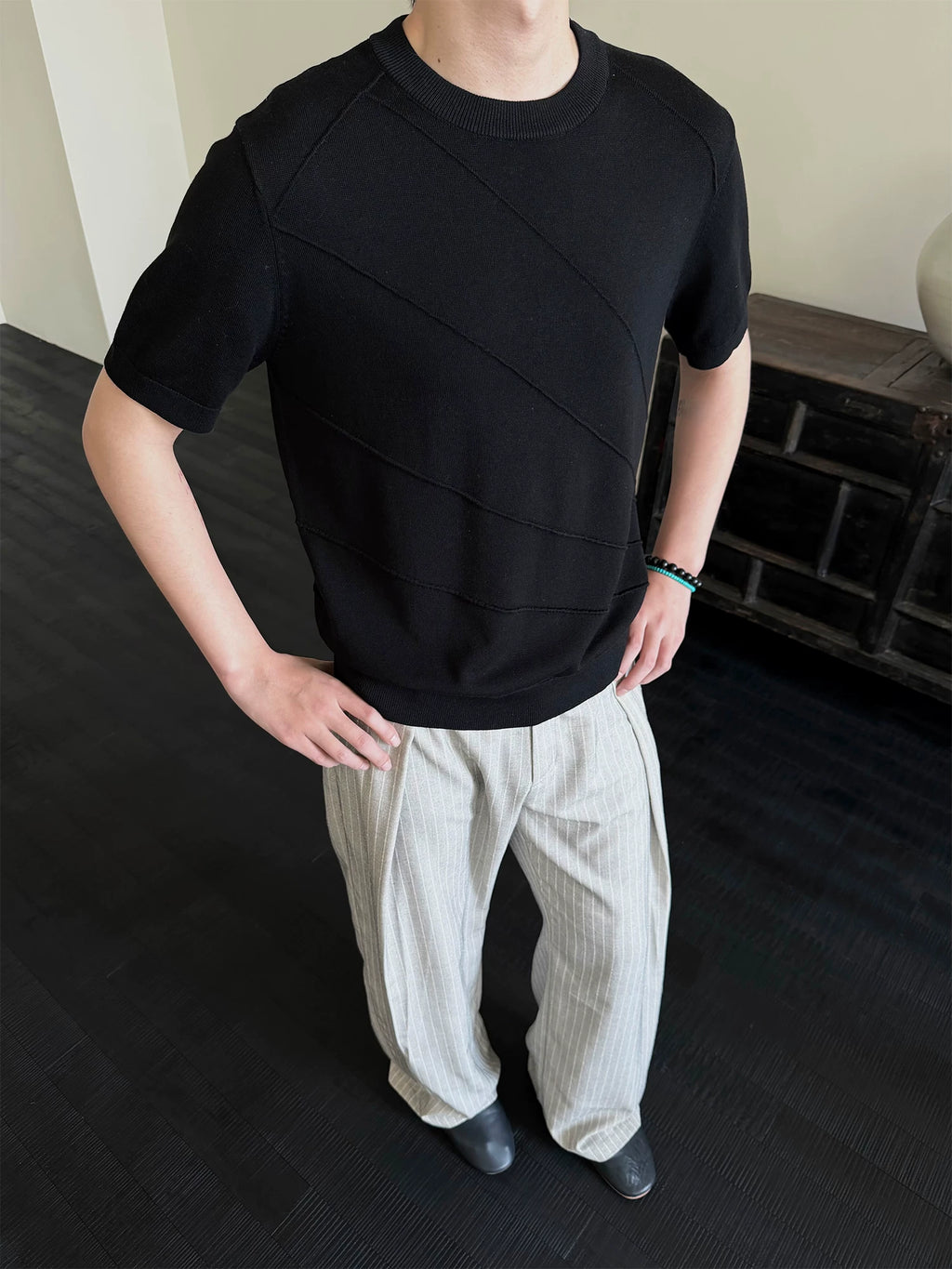 KREATE Front Shoulder Three-dimensional Jacquard Crew Neck Knitted Tee