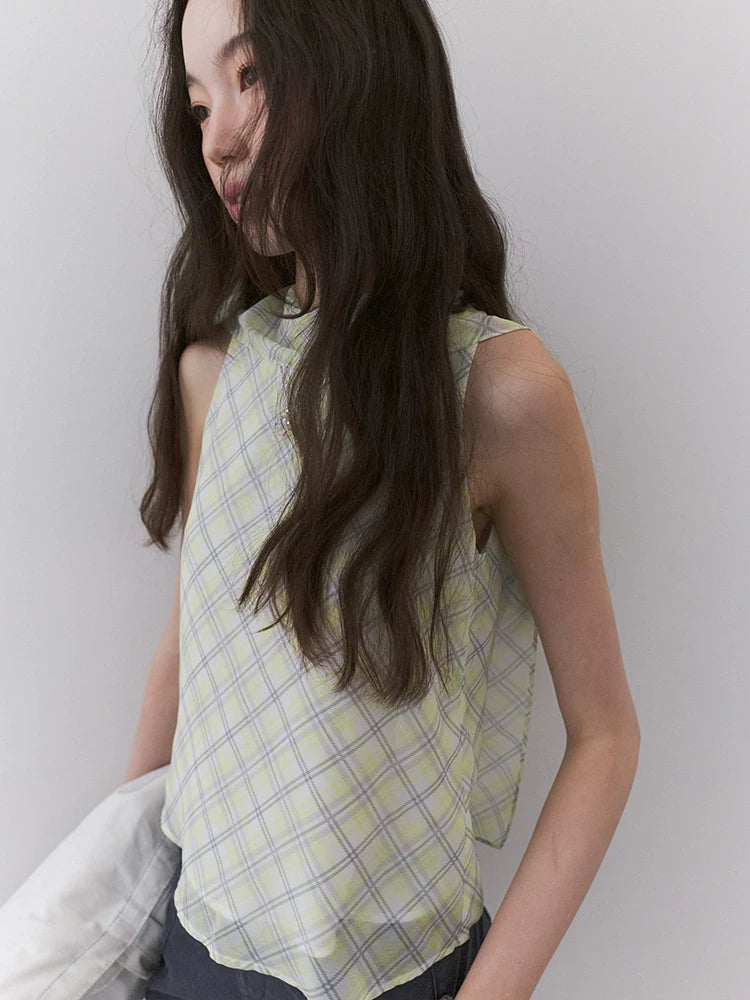 VOOE Contrasting Color Plaid Streamer Vest Shirt