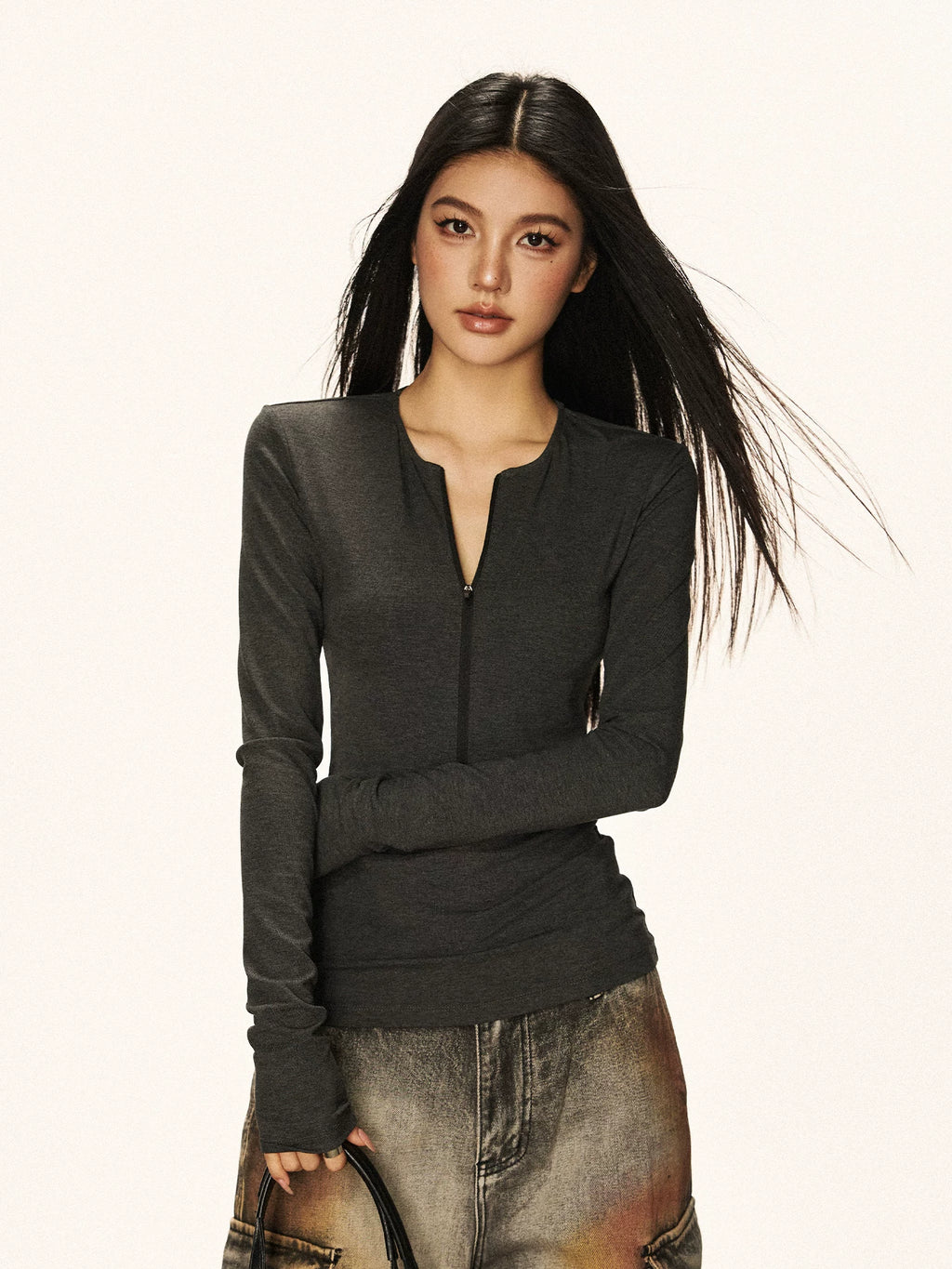 Cherry Melody Vintage Tencel V-neck Zipper Long Sleeve