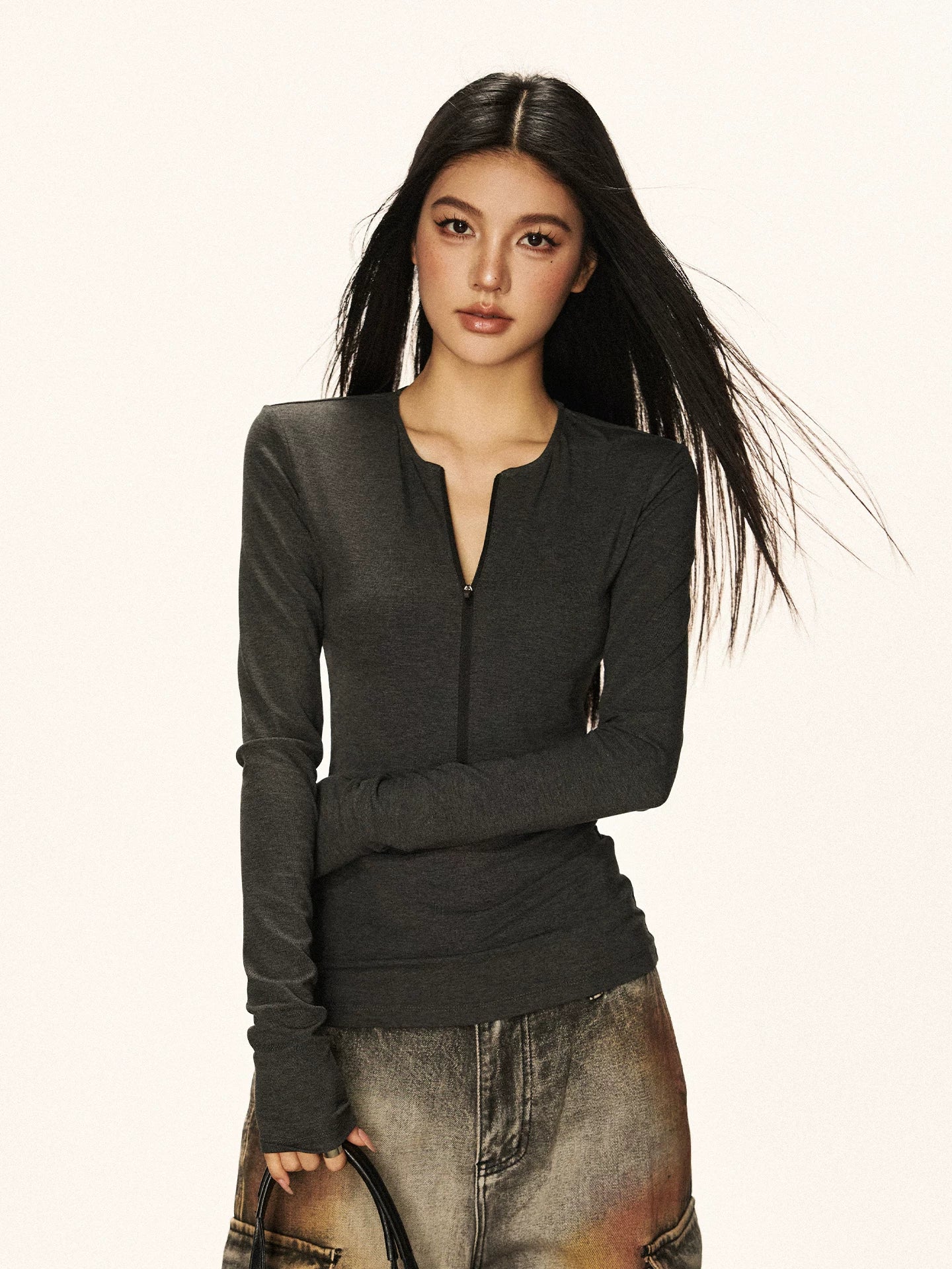 Cherry Melody Vintage Tencel V-neck Zipper Long Sleeve