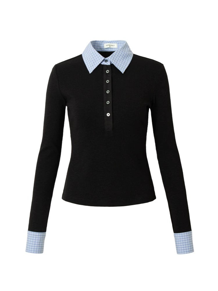 RPB BRAND Checked Splicing Polo Collar Fake Two-piece Waist College Bottoming Shirt