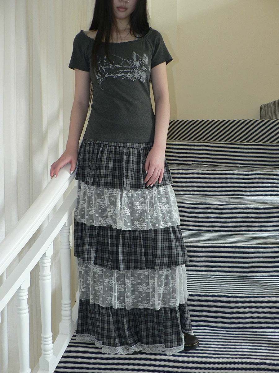 Ang:project Plaid Paneled Floral Mesh Maxi Skirt