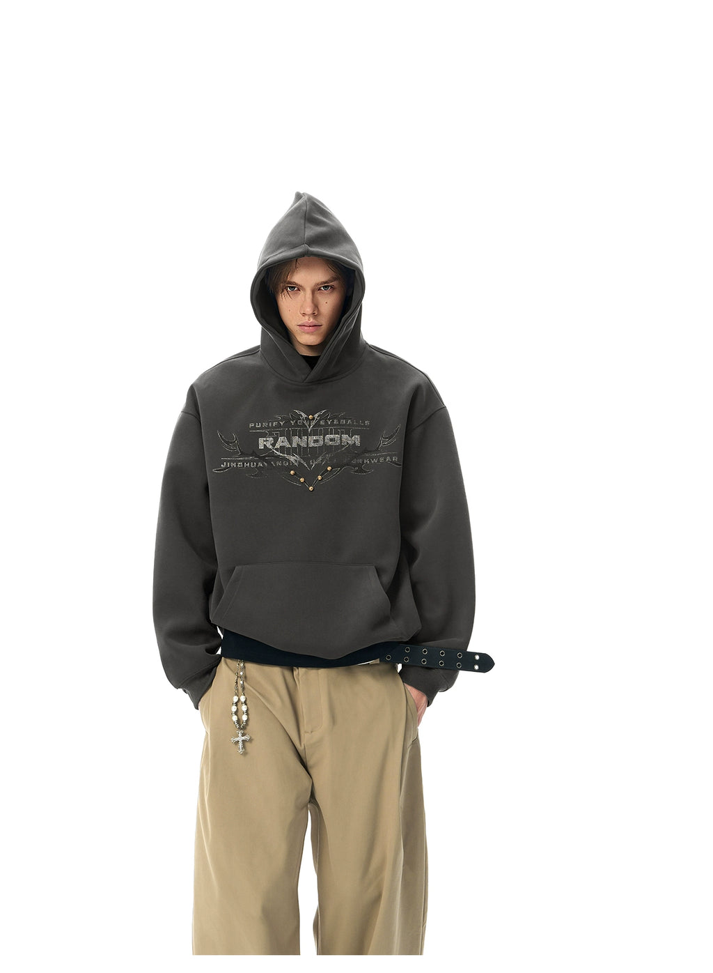 JHYQ Retro Rivet Letter Print Hooded Sweater