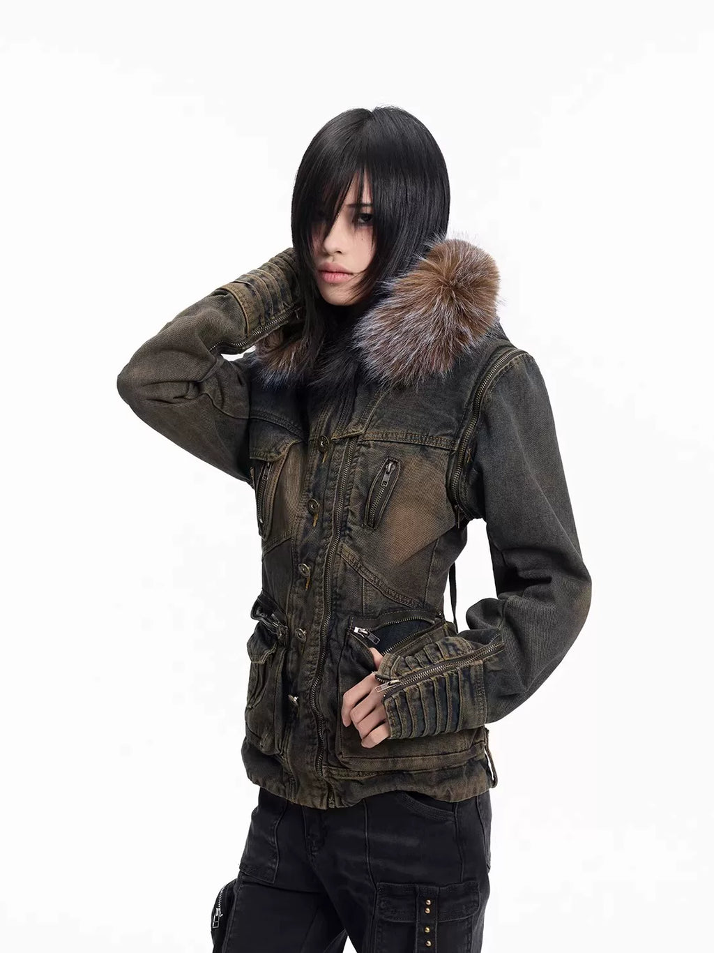Lightinus Removable Sleeve Fur Collar Two Wear Strap Waist Denim Jacket