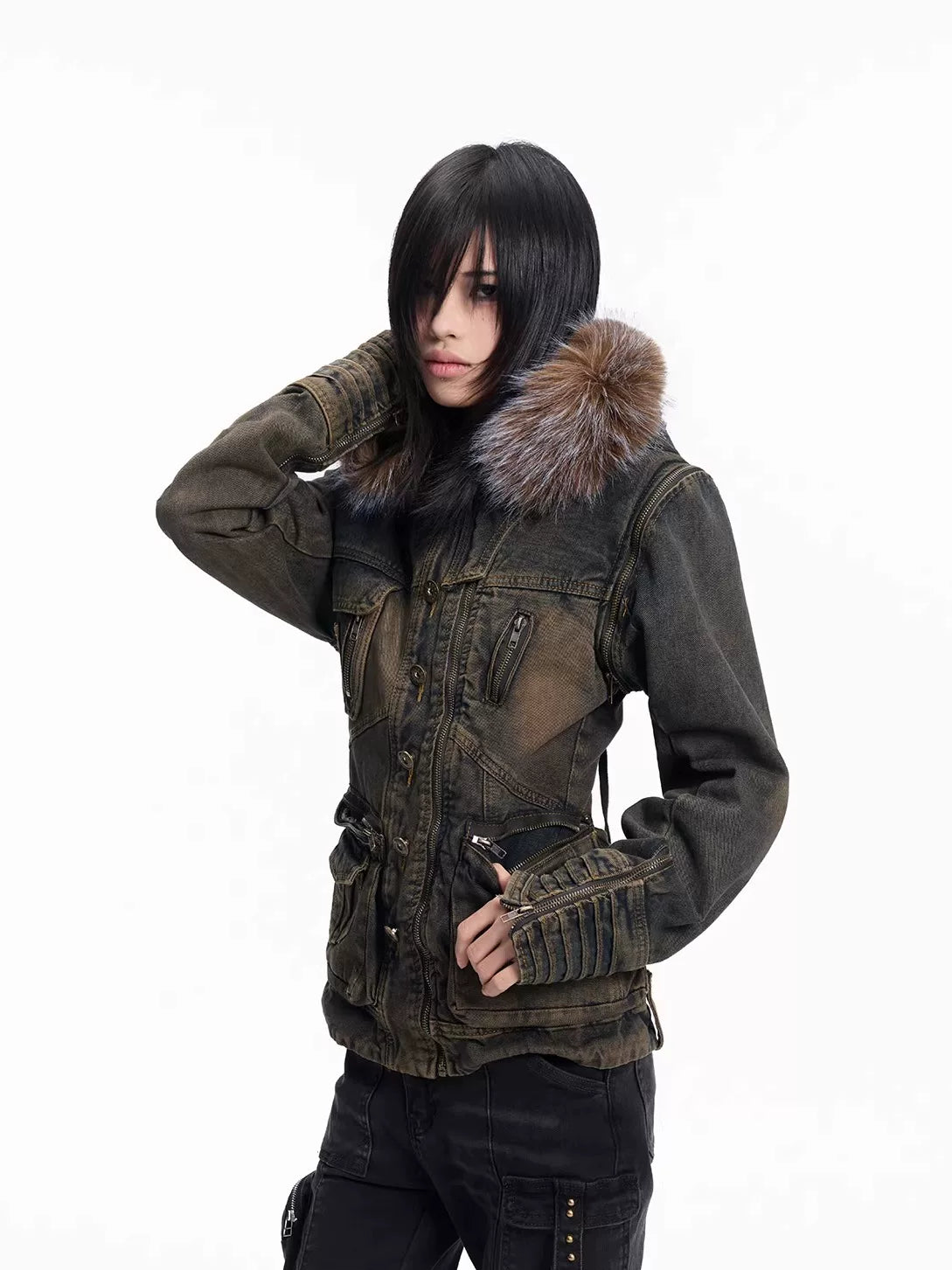 Lightinus Removable Sleeve Fur Collar Two Wear Strap Waist Denim Jacket