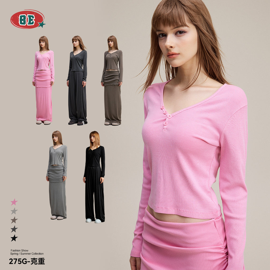 BE V-Neck Button Long Sleeve Knitted Sweater