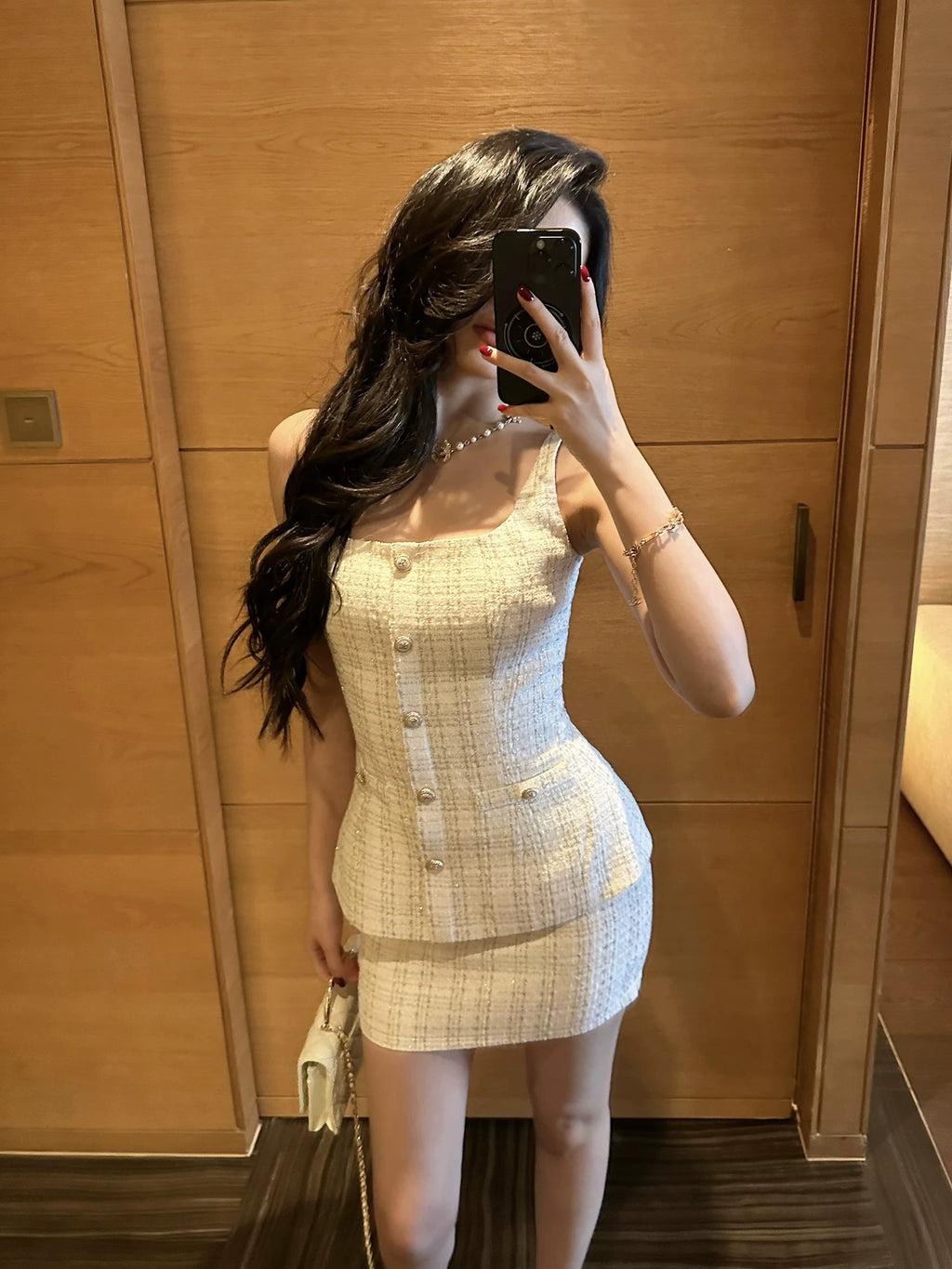 LLROGE Square Neck Suspender High Waist Skirt Set