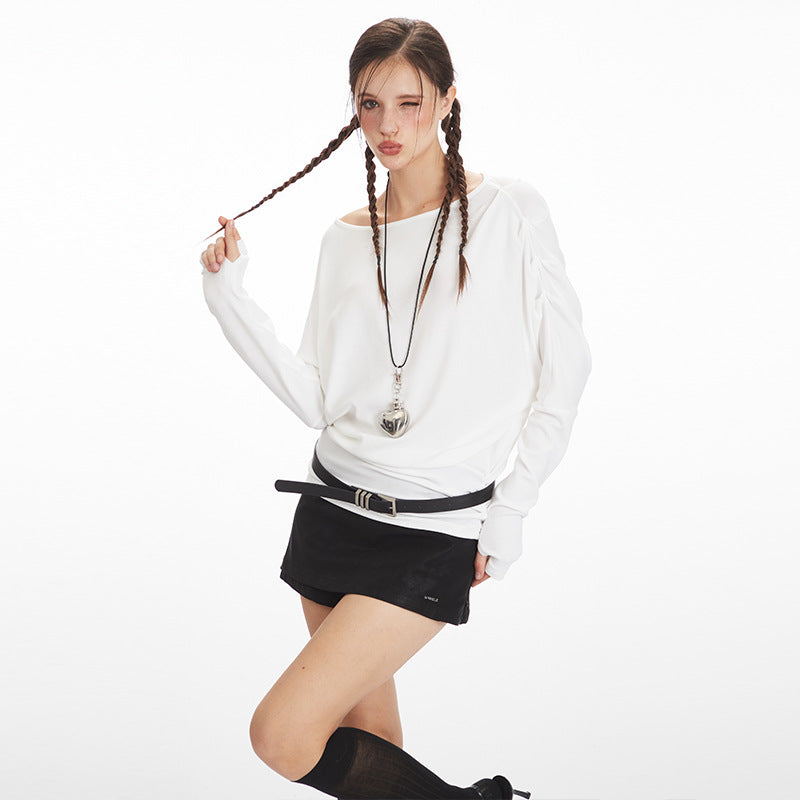 Nariele Slant Neck Vintage Waist Off-Shoulder Long Sleeves