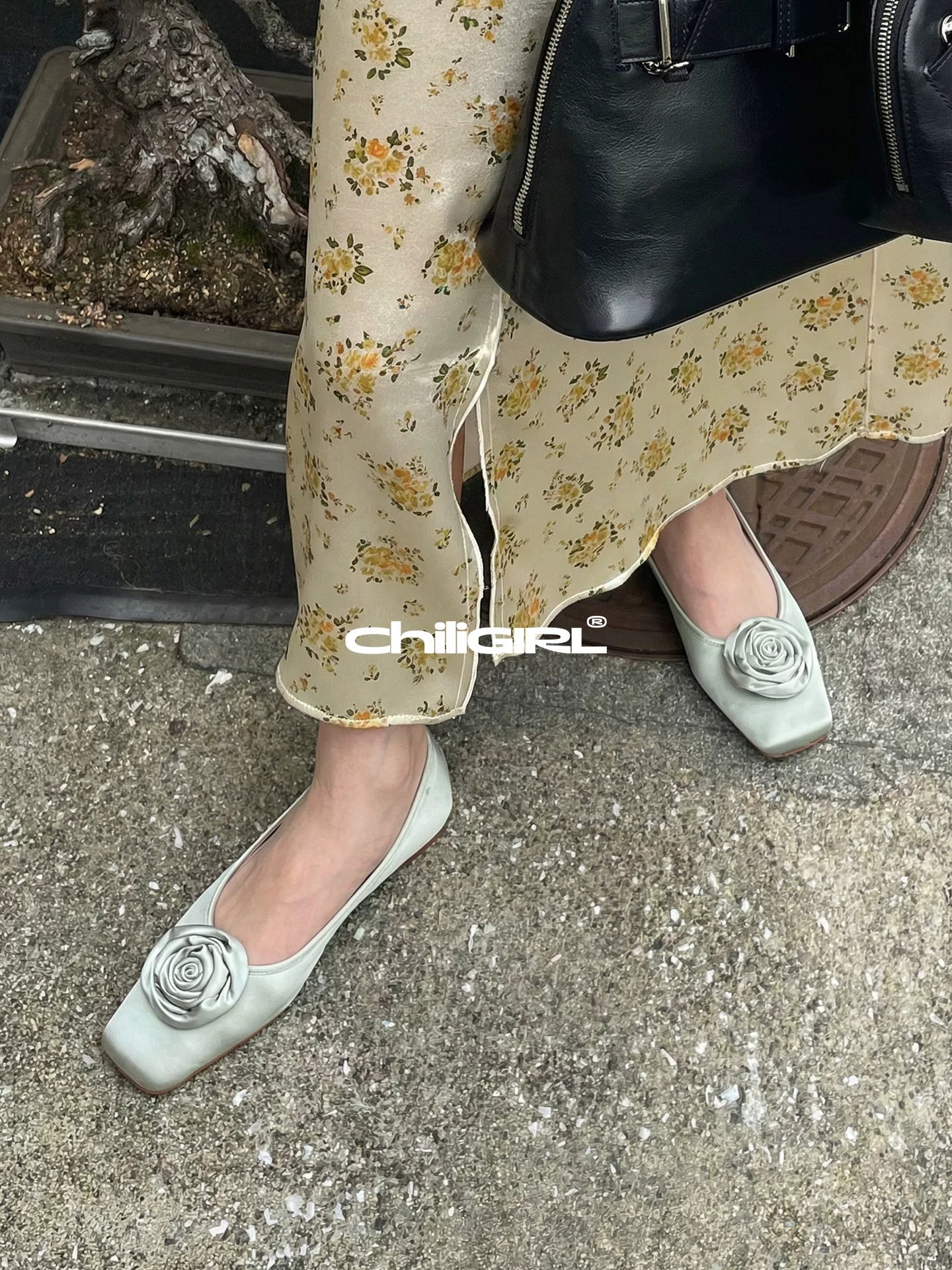 CHILIGIRL Flat Bottom Square Head Flower Decorative Single Shoes
