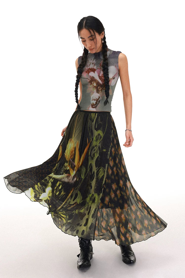 PHYS Floral Asymmetrical Splicing Drop Skirt