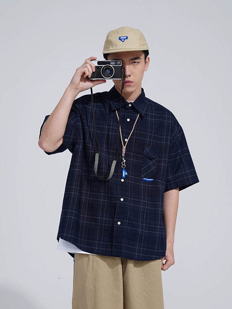O3PARK Loose Casual Japanese Half-sleeve Plaid Short-sleeved Shirt