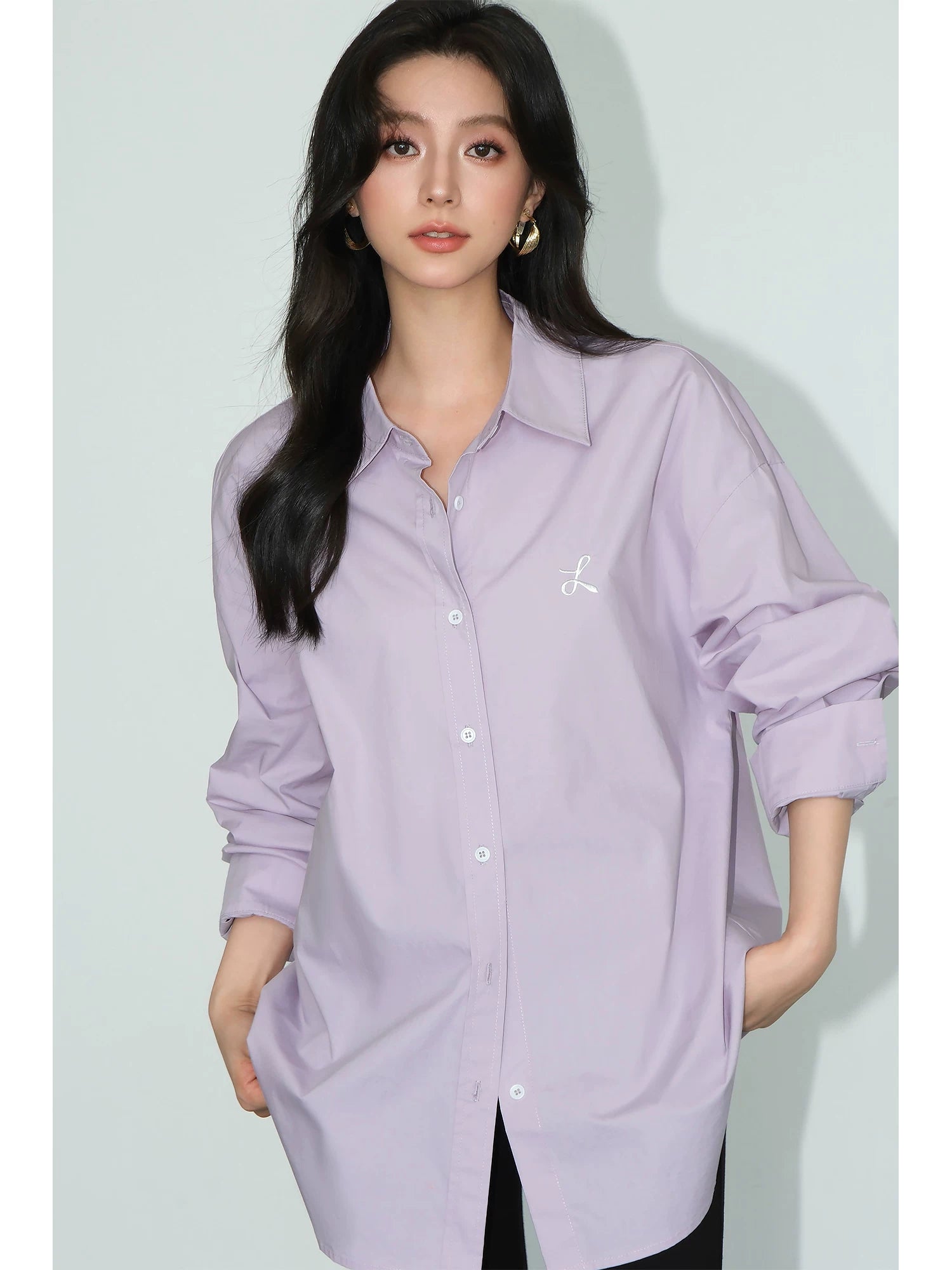NEVA HU Embroidered Design Versatile Long-sleeved Shirt