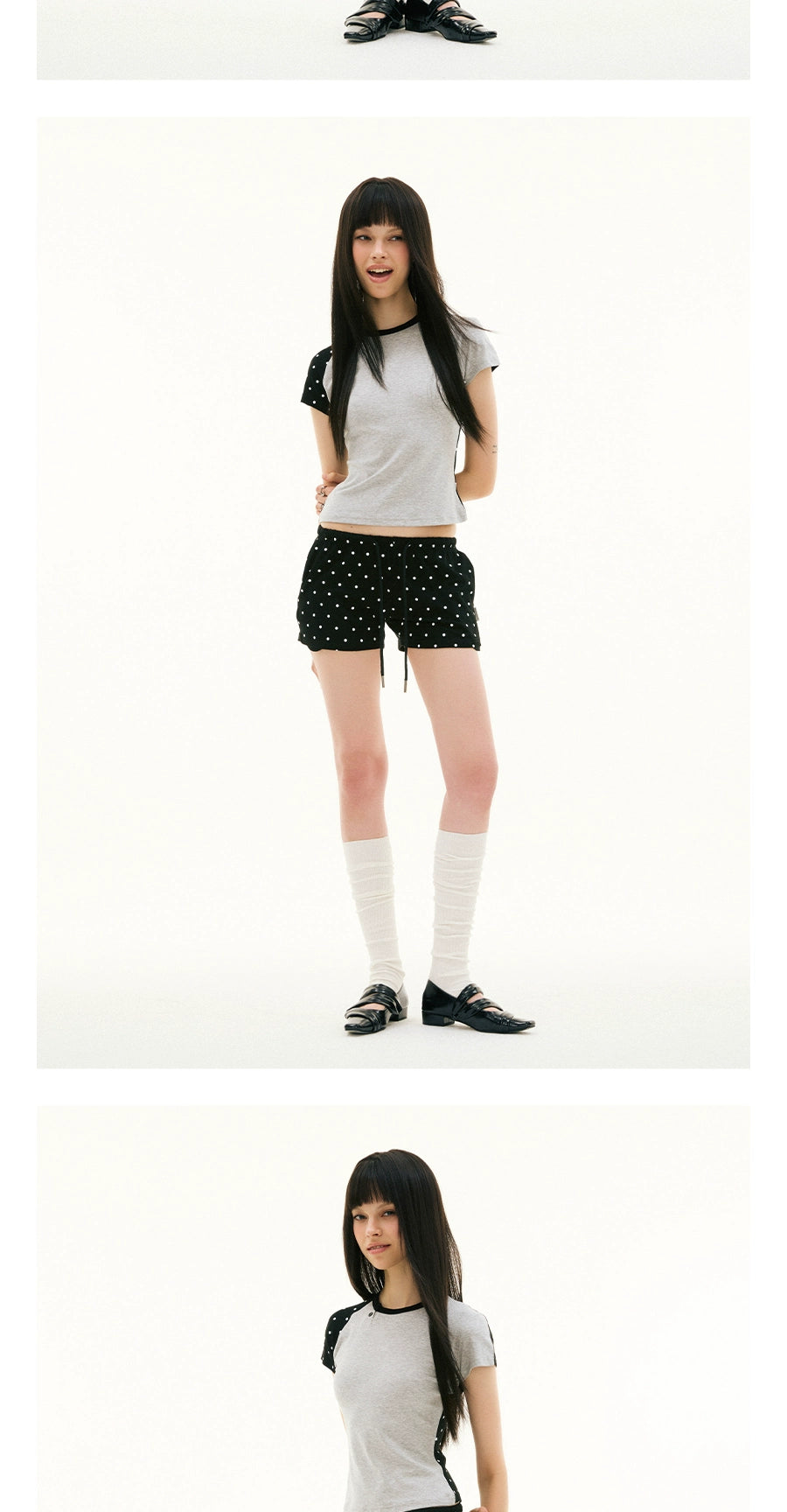 FUNKYFUN Polka Dot Contrasting Irregular Splicing Tee