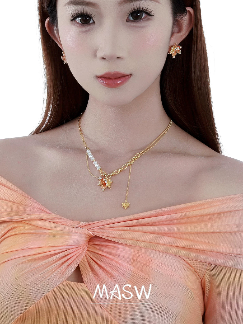 MASW Romantic Tassel Orange Maple Leaf Clavicle Chain