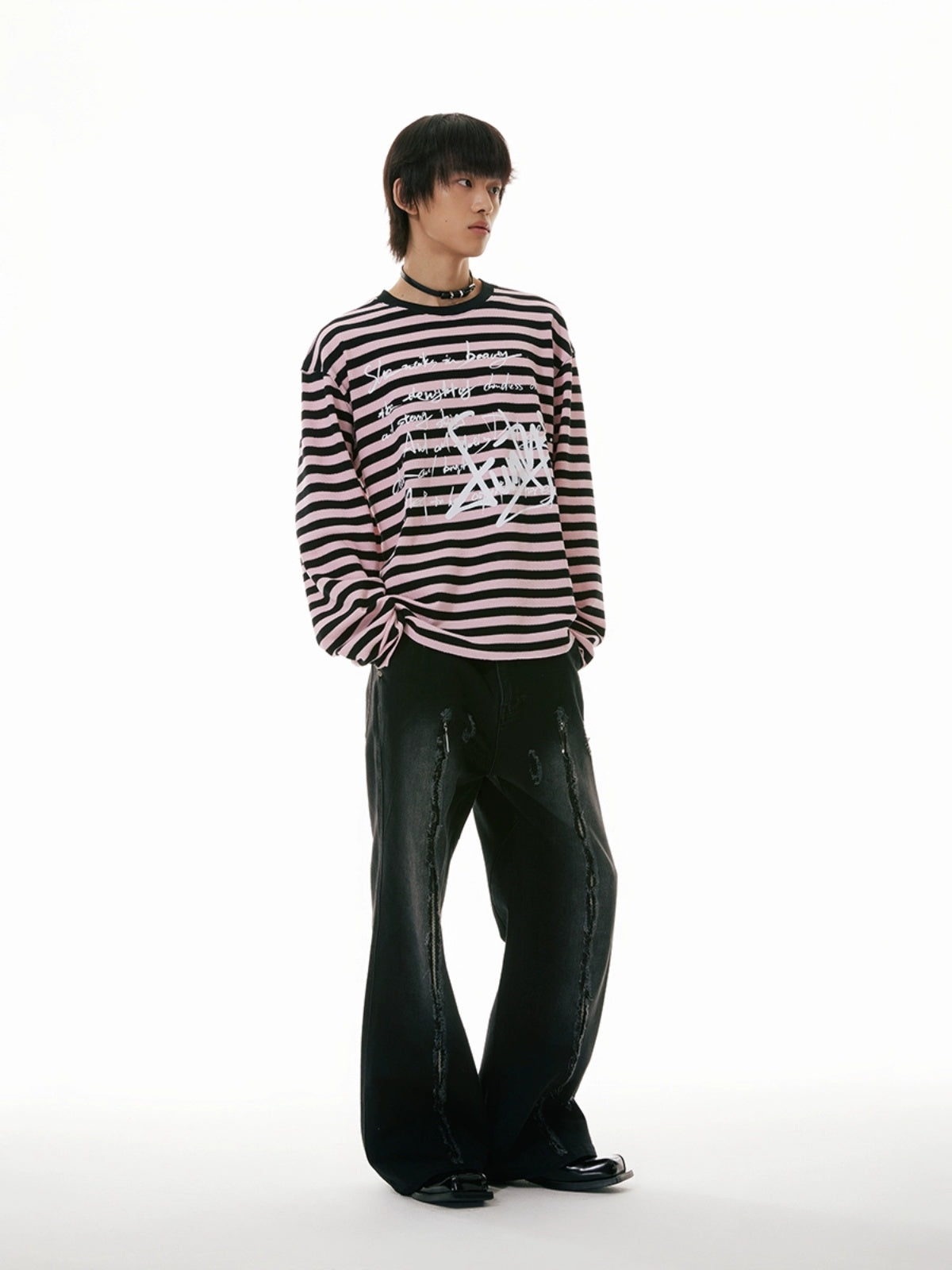 FUNKYFUN Handwritten Flower Type Graffiti Punk Striped Tee