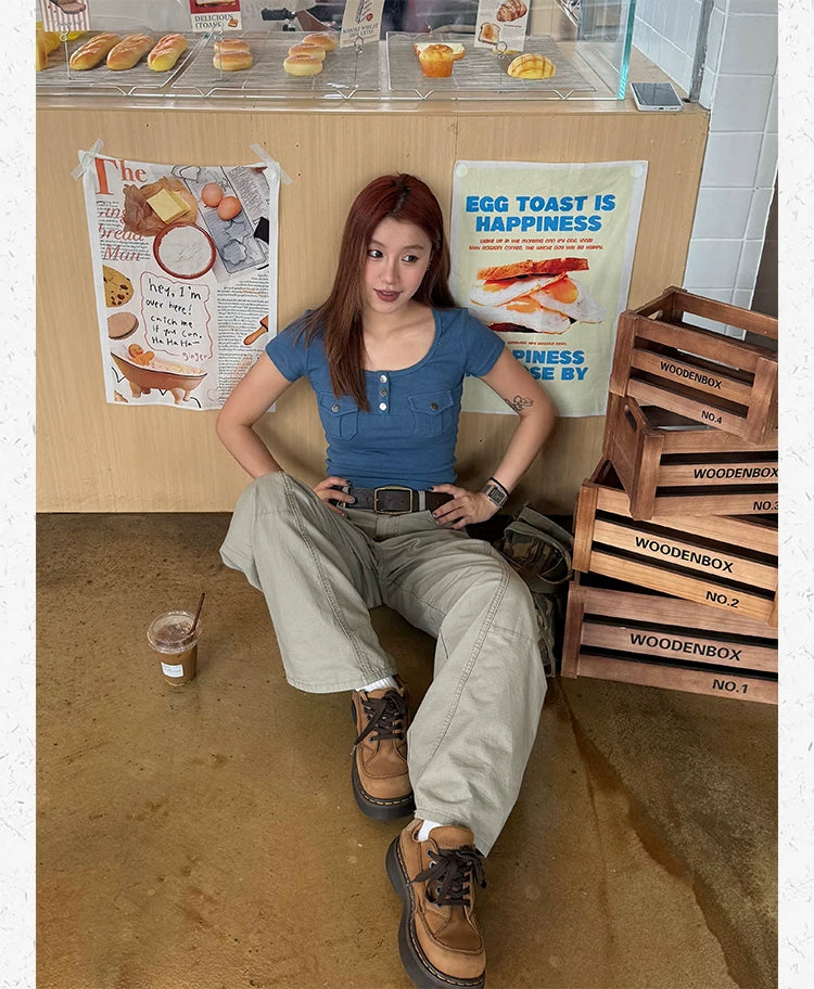 CCYE Retro Front Shoulder Slim U Neck Tee