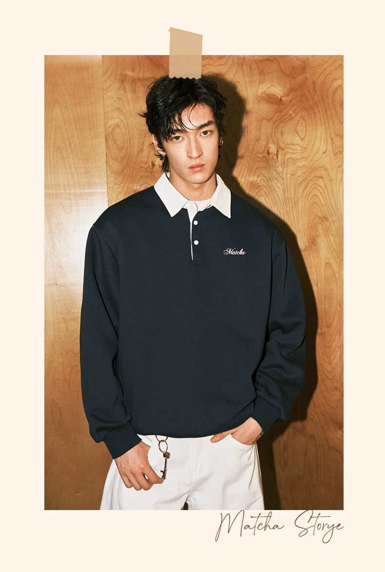 MATCHA STORY Contrast Color Lapel Loose Simple Sweater