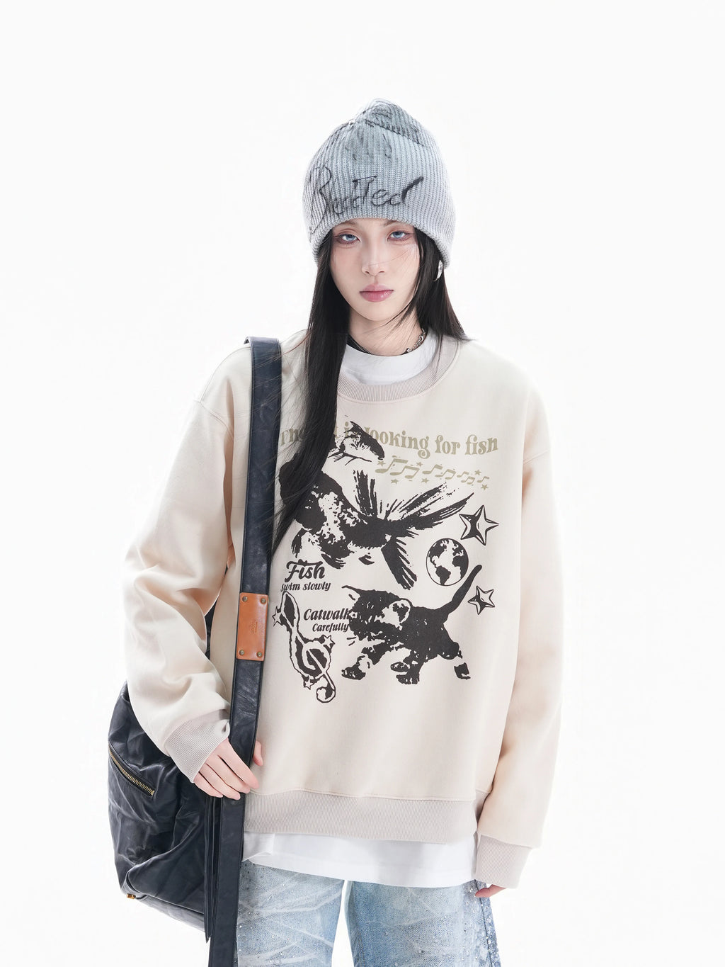 Zuocisankon Retro Cat Print Crew Neck Fleece Sweater
