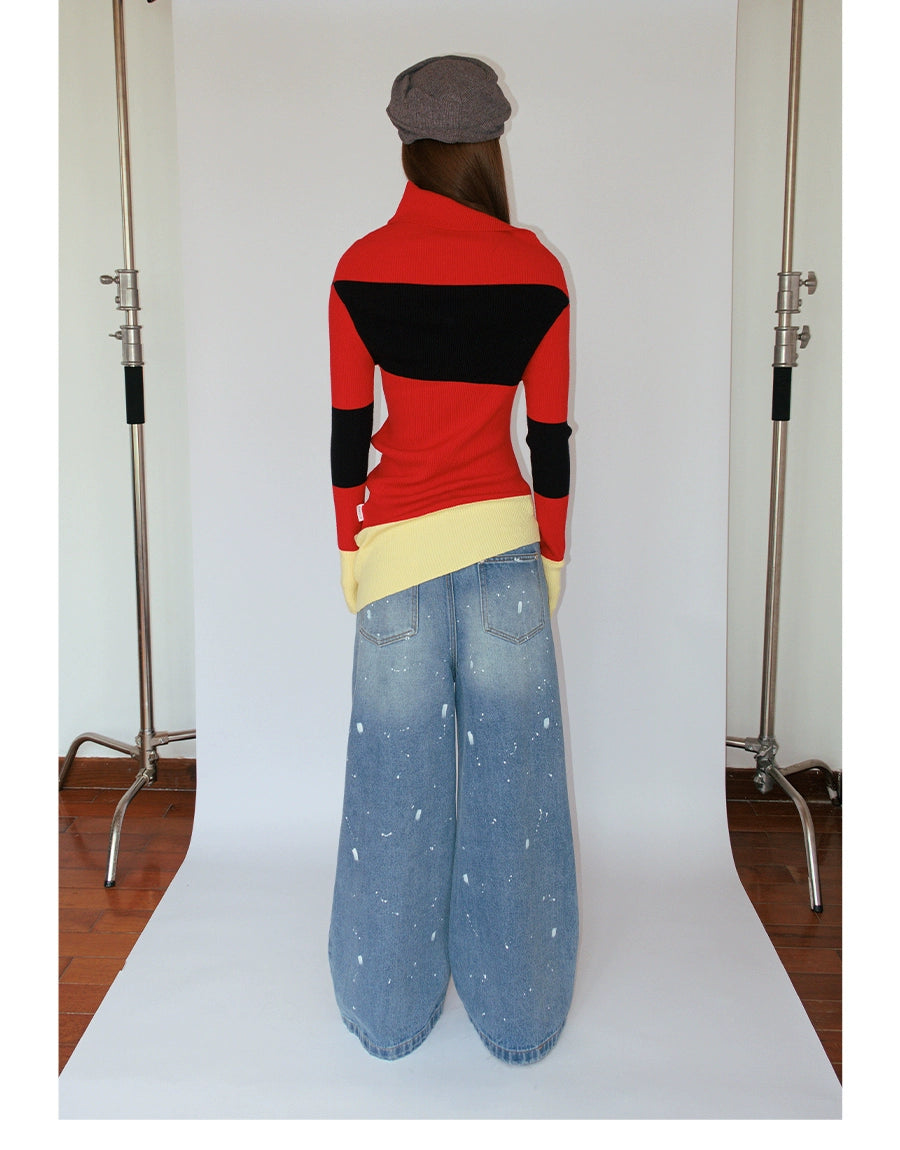 FUNKYFUN Contrasting Color Retro Spliced Slanted Shoulder Knitted Sweater