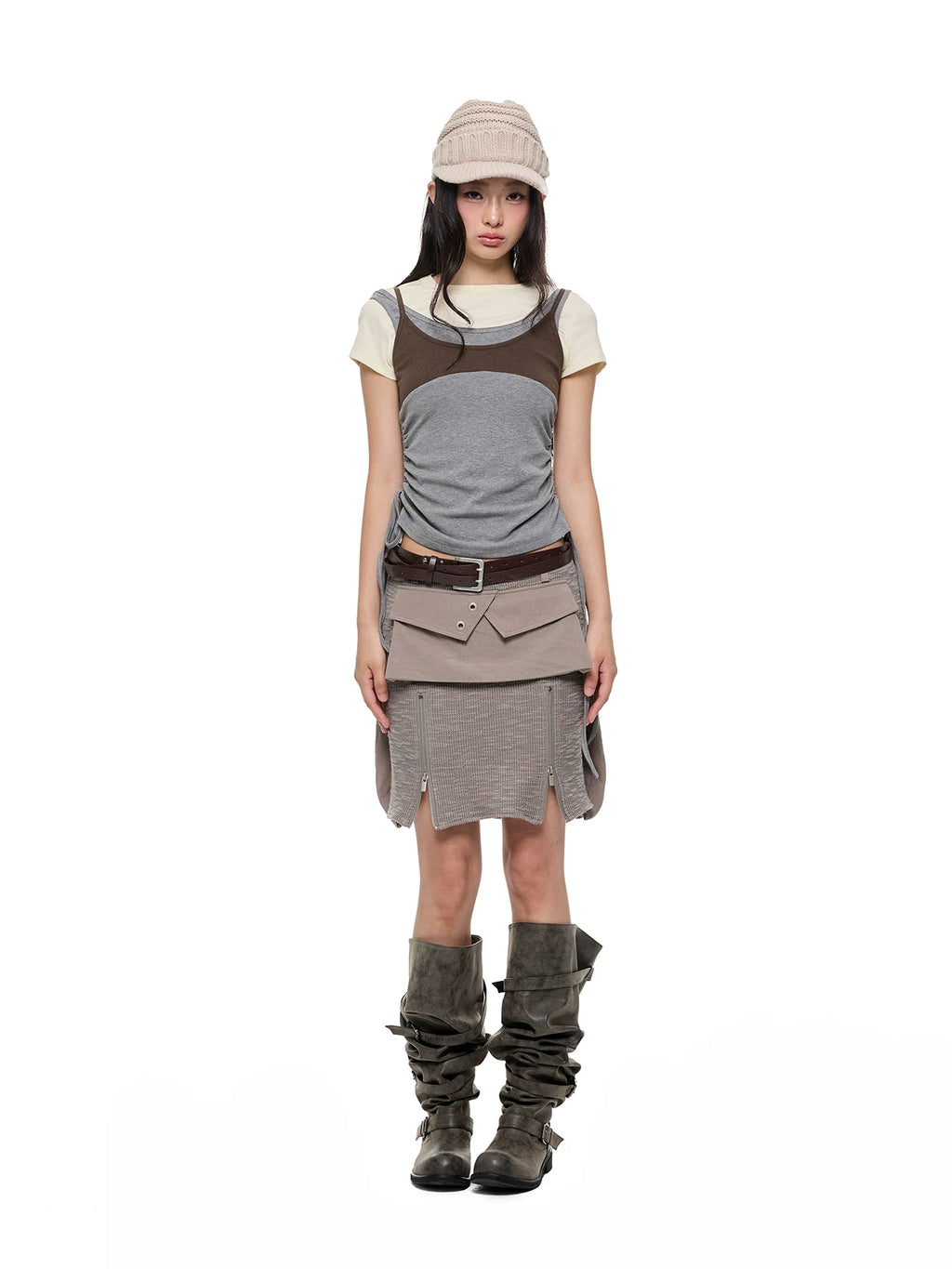 JIKOO Patchwork Textured Knit Pocket Skirt